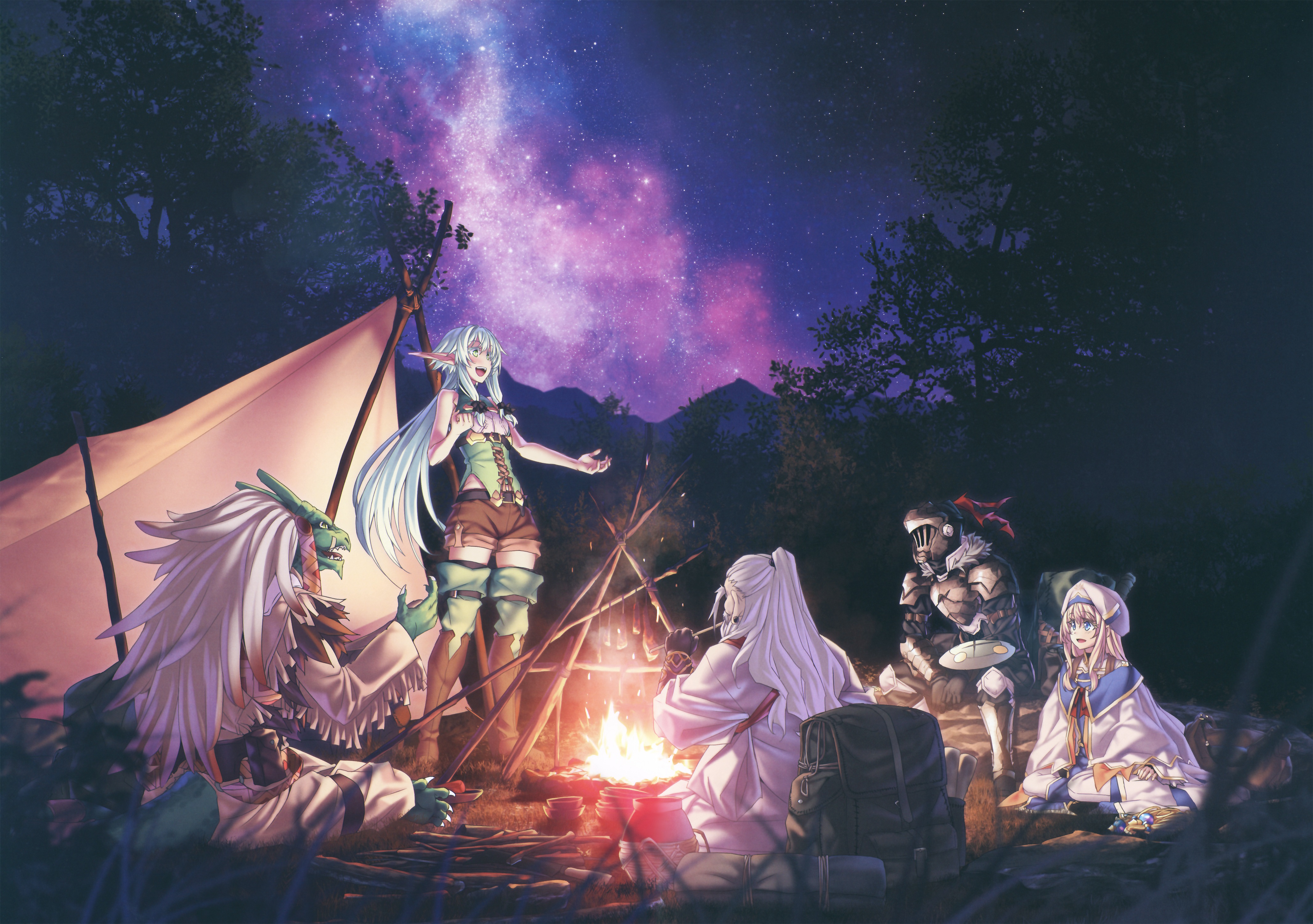 Goblin Slayer characters camping under the stars HD Wallpaper