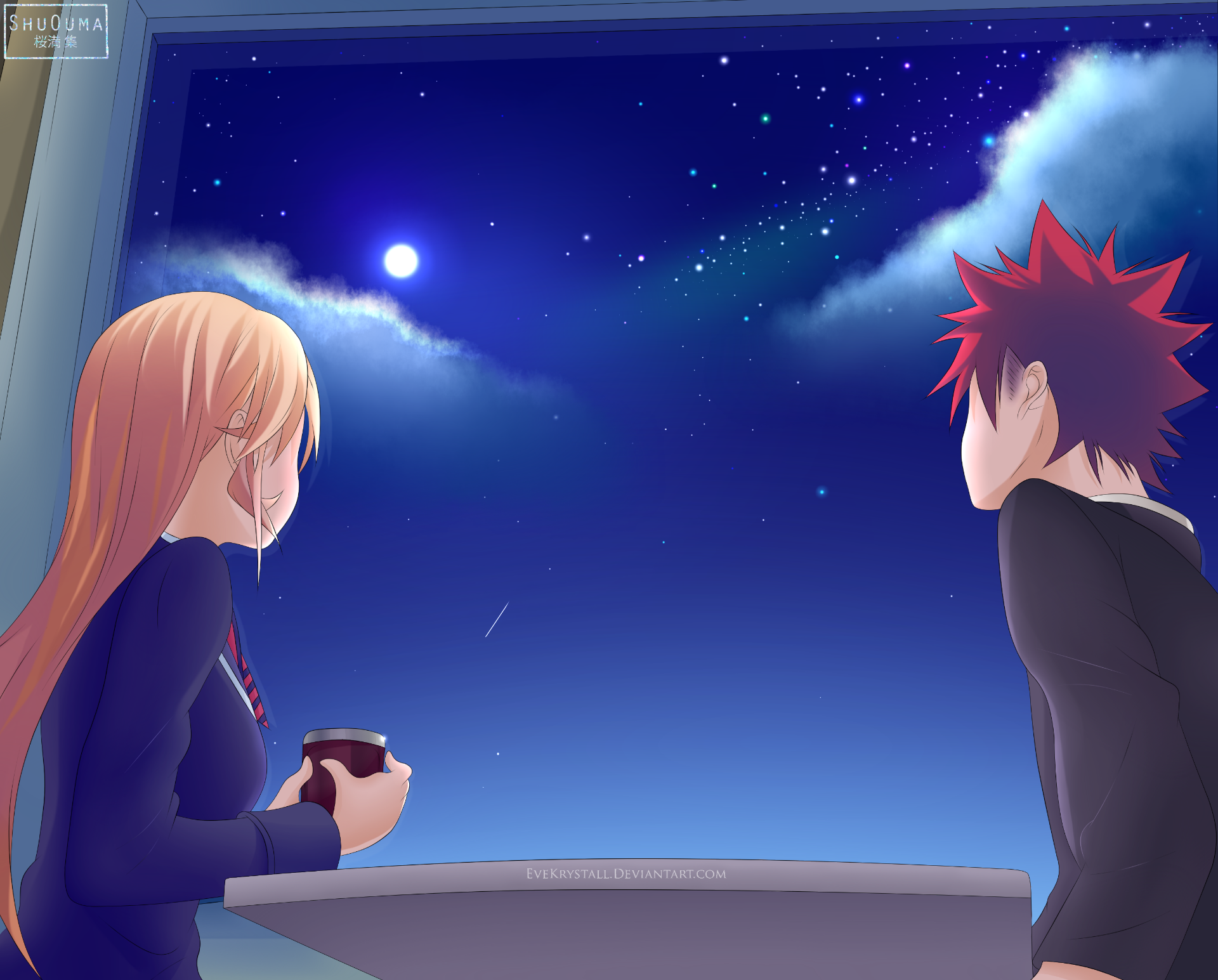 Erina Nakiri and Sōma Yukihira from Food Wars! looking at the night sky HD Wallpaper
