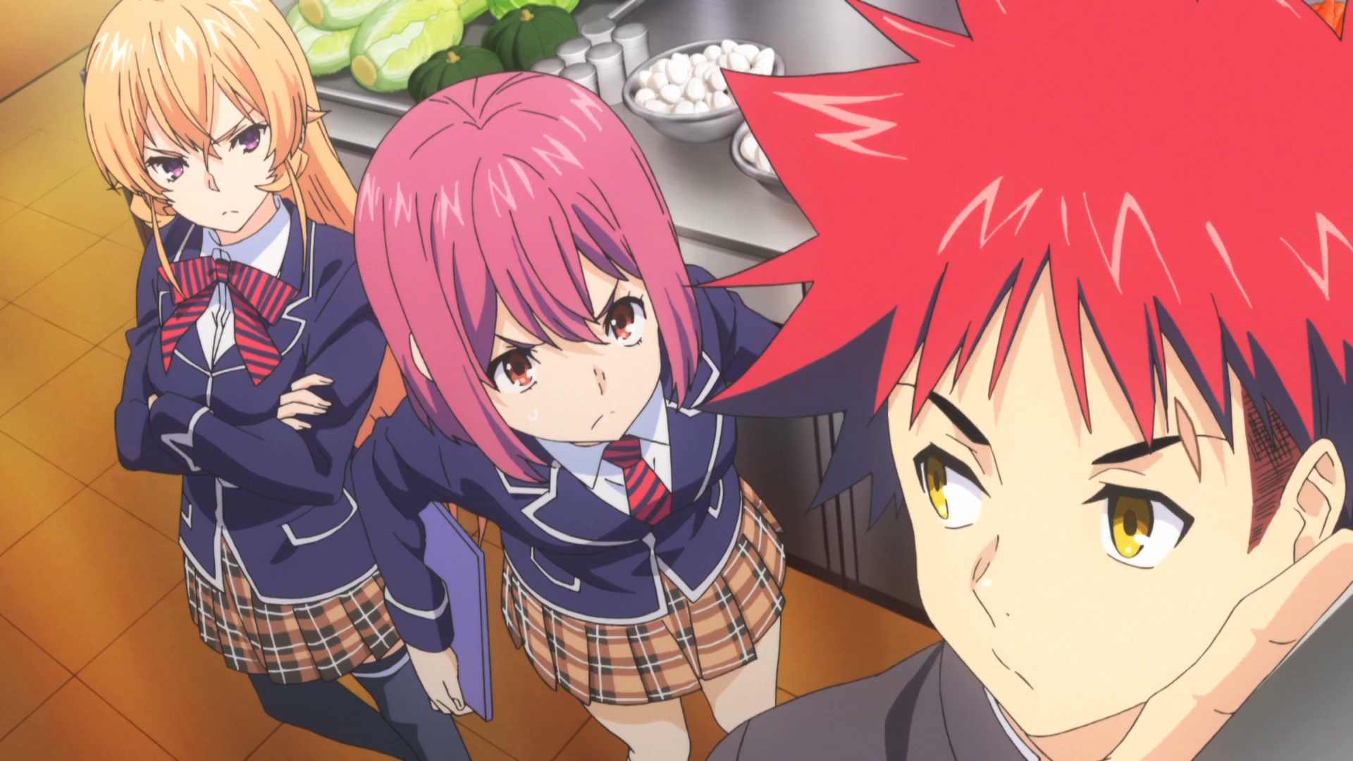 Erina Nakiri, Megumi Tadokoro, and Sōma Yukihira from Food Wars! HD Wallpaper