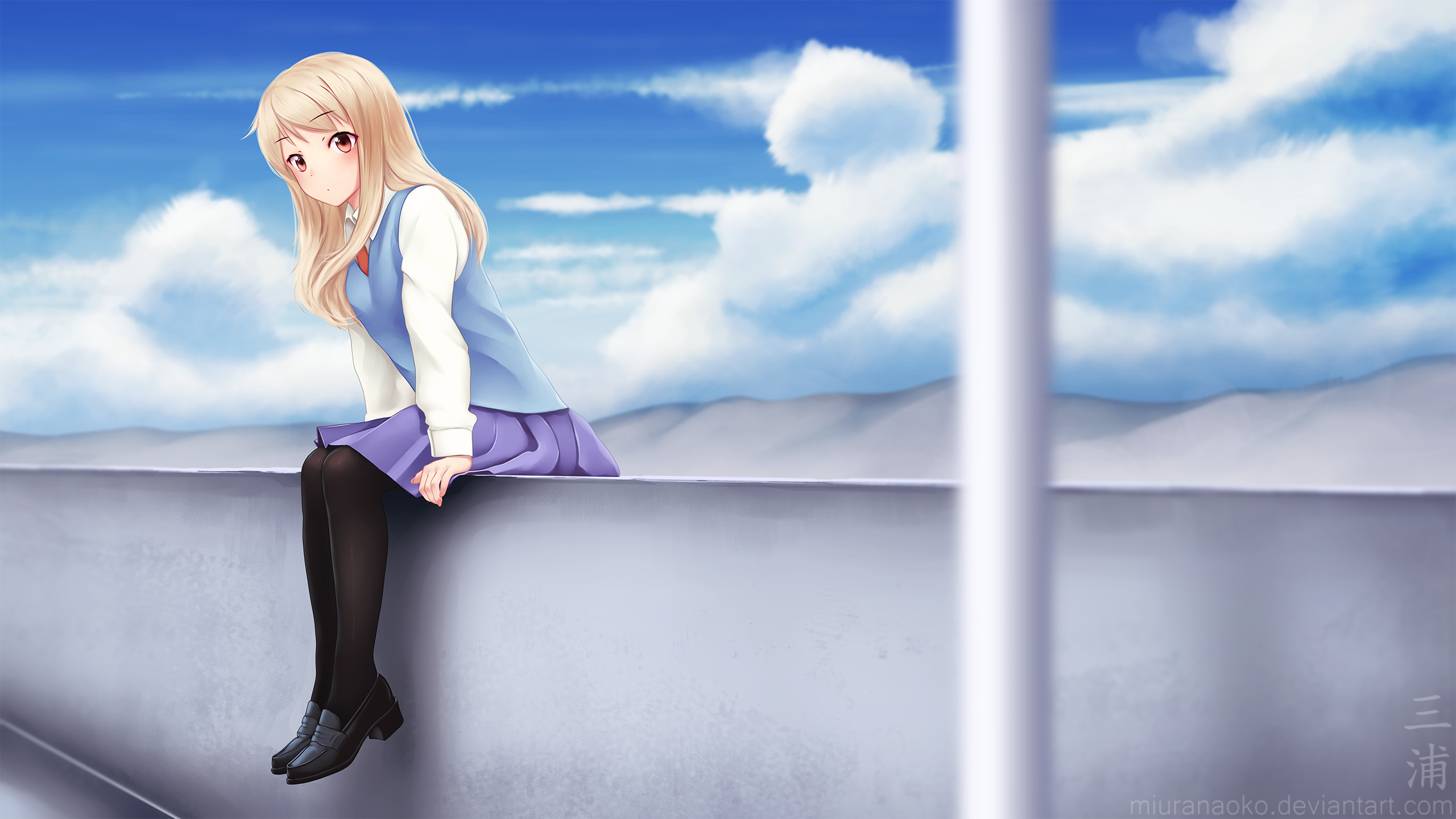 Mashiro Shiina sitting on a wall HD Wallpaper