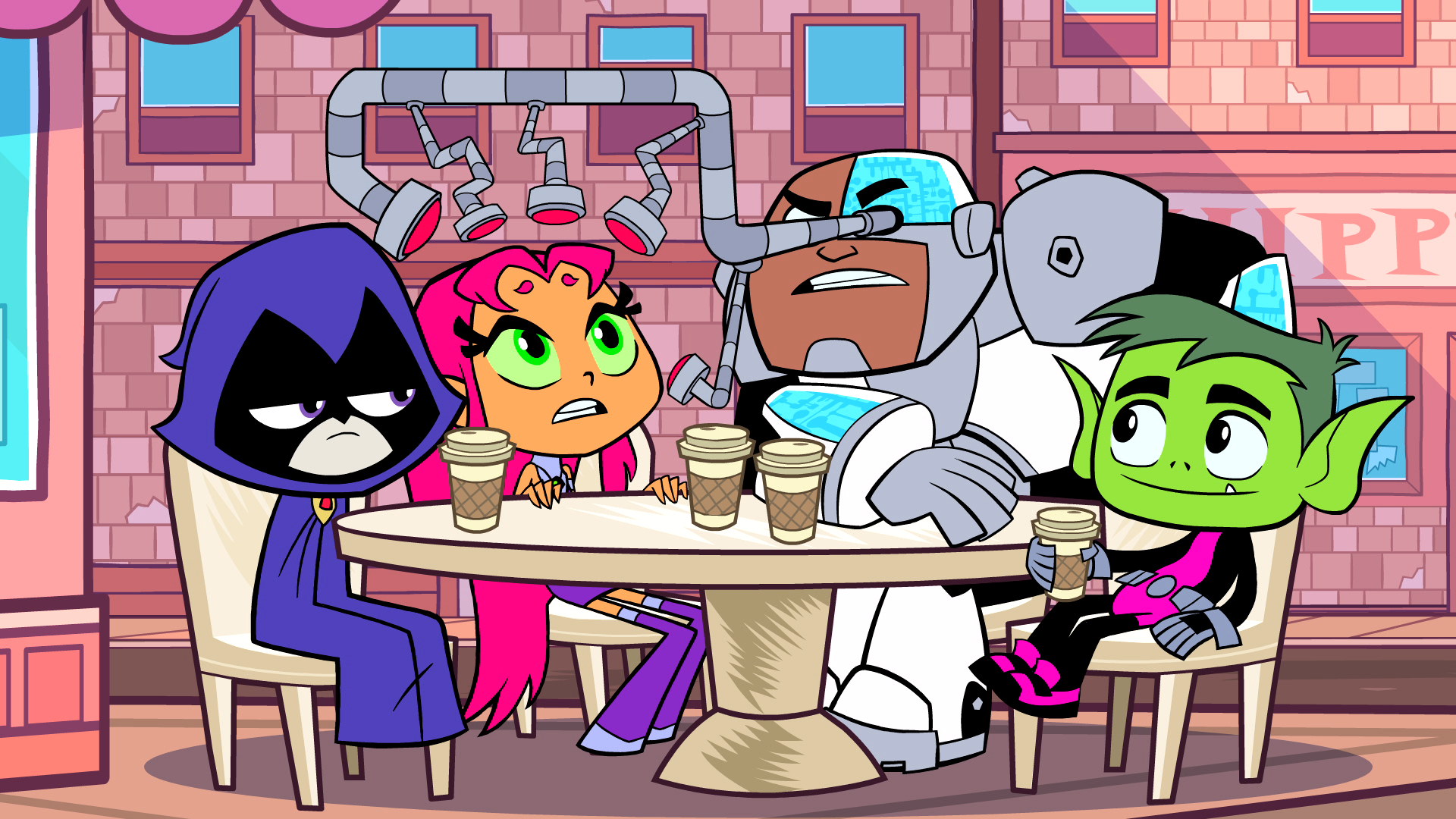 Teen Titans Go! characters at a cafe HD Wallpaper