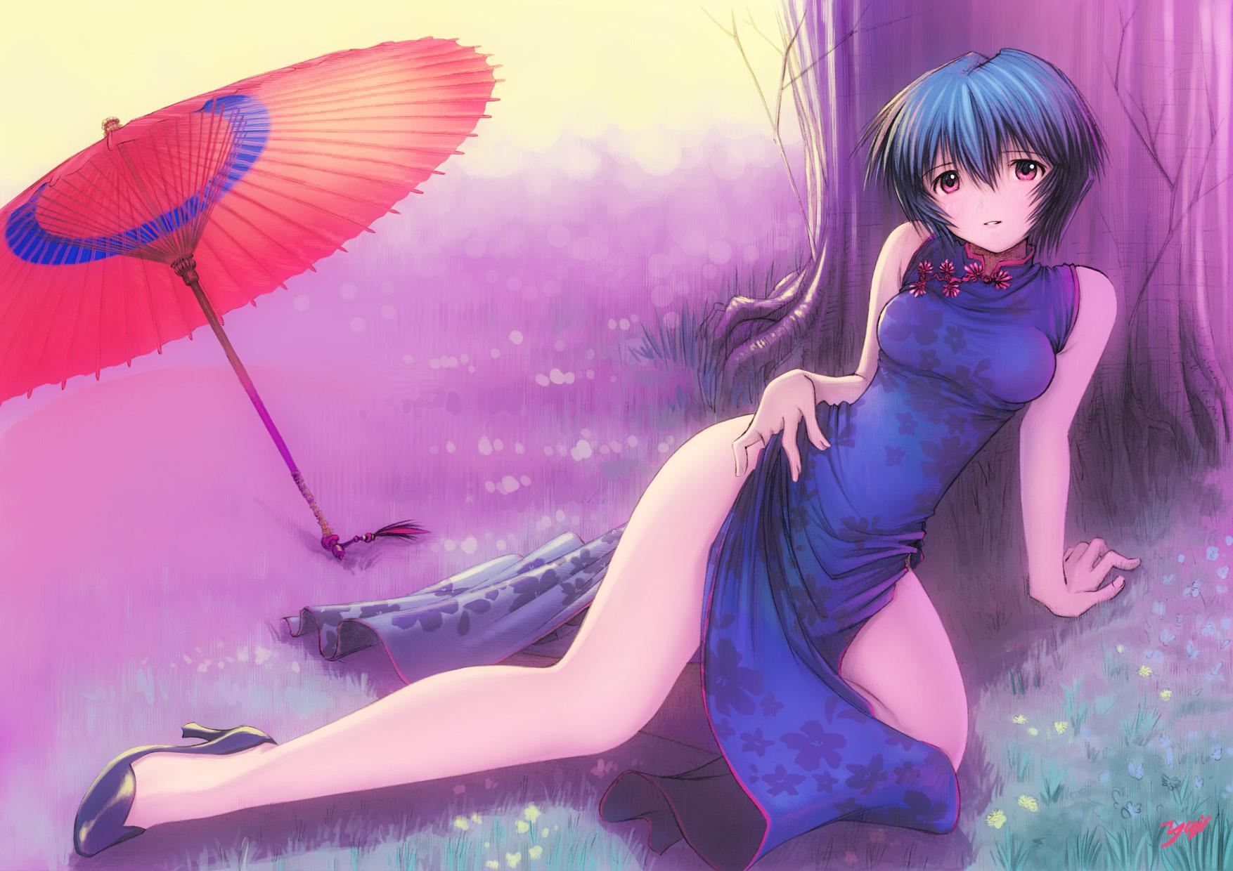 Rei Ayanami in a blue dress with a red umbrella HD Wallpaper