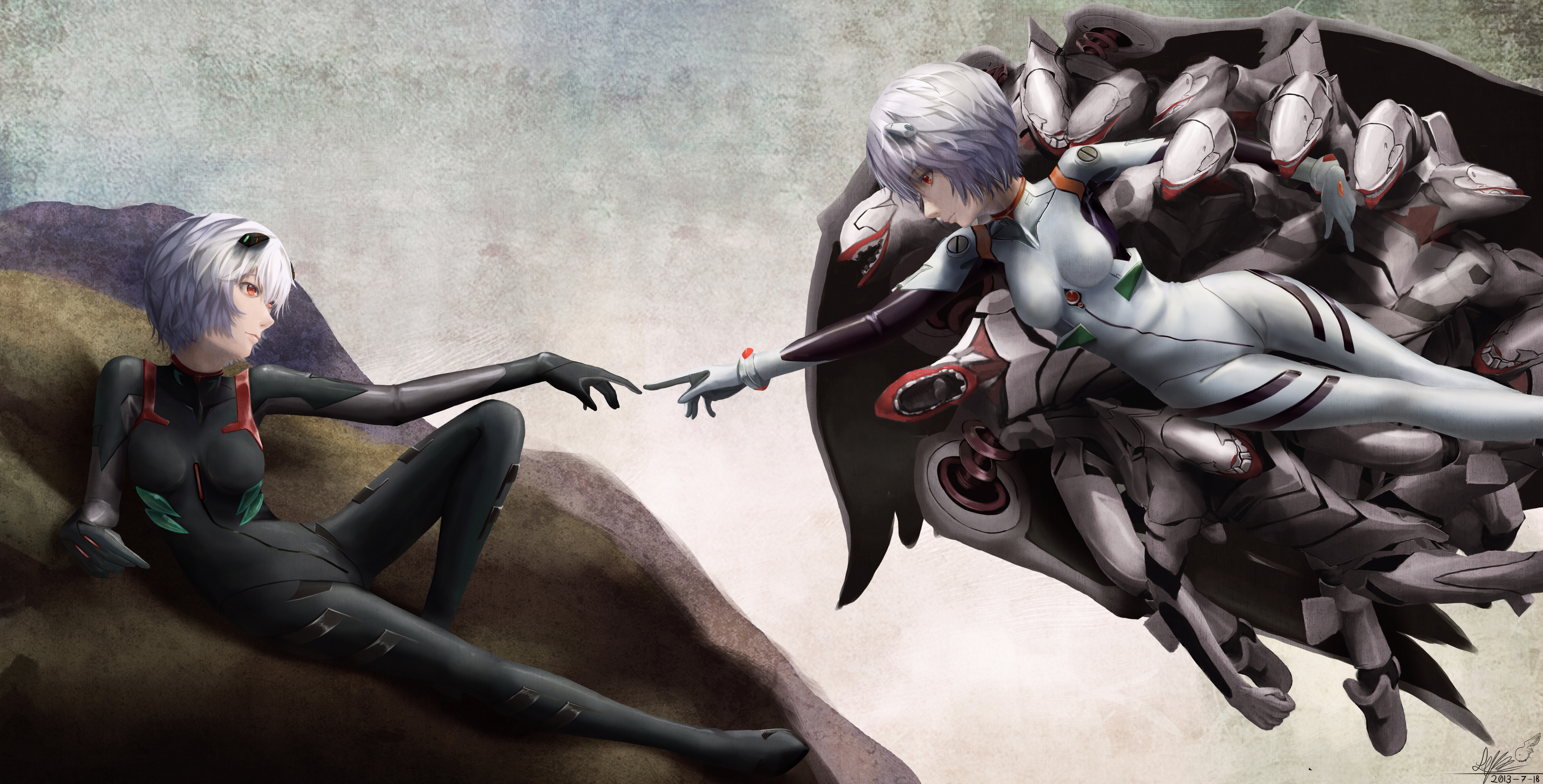 Rei Ayanami in Futuristic Dual Poses HD Wallpaper