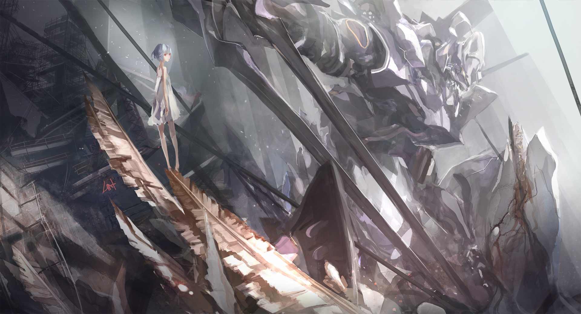 Rei Ayanami with a giant robot HD Wallpaper