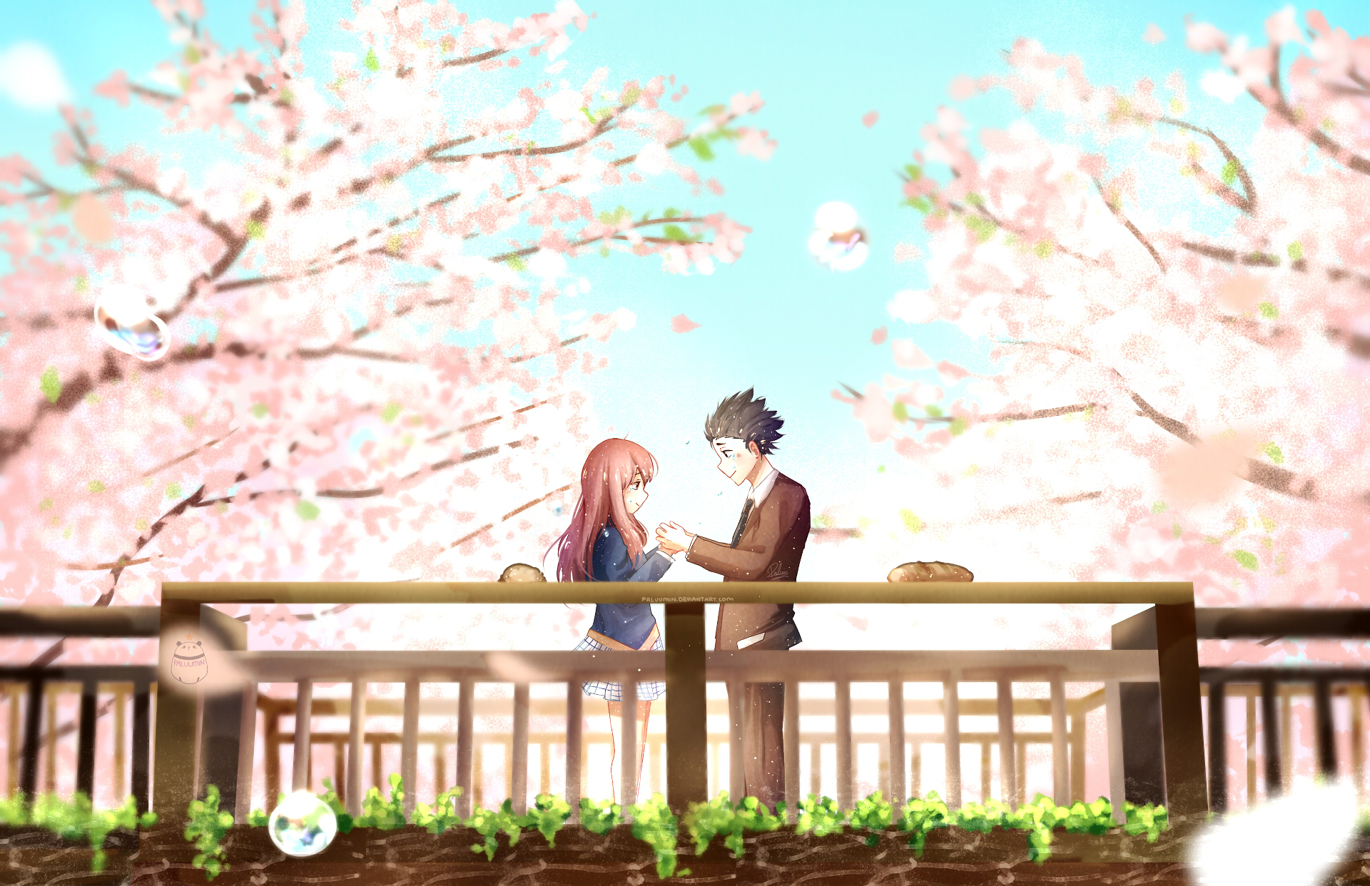 Shouya Ishida and Shoko Nishimiya under cherry blossoms HD Wallpaper