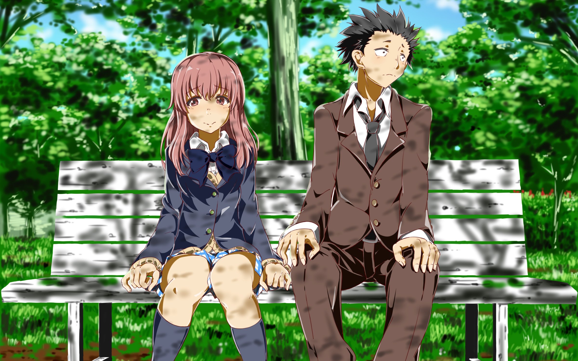 Shouya Ishida and Shoko Nishimiya sitting on a bench HD Wallpaper