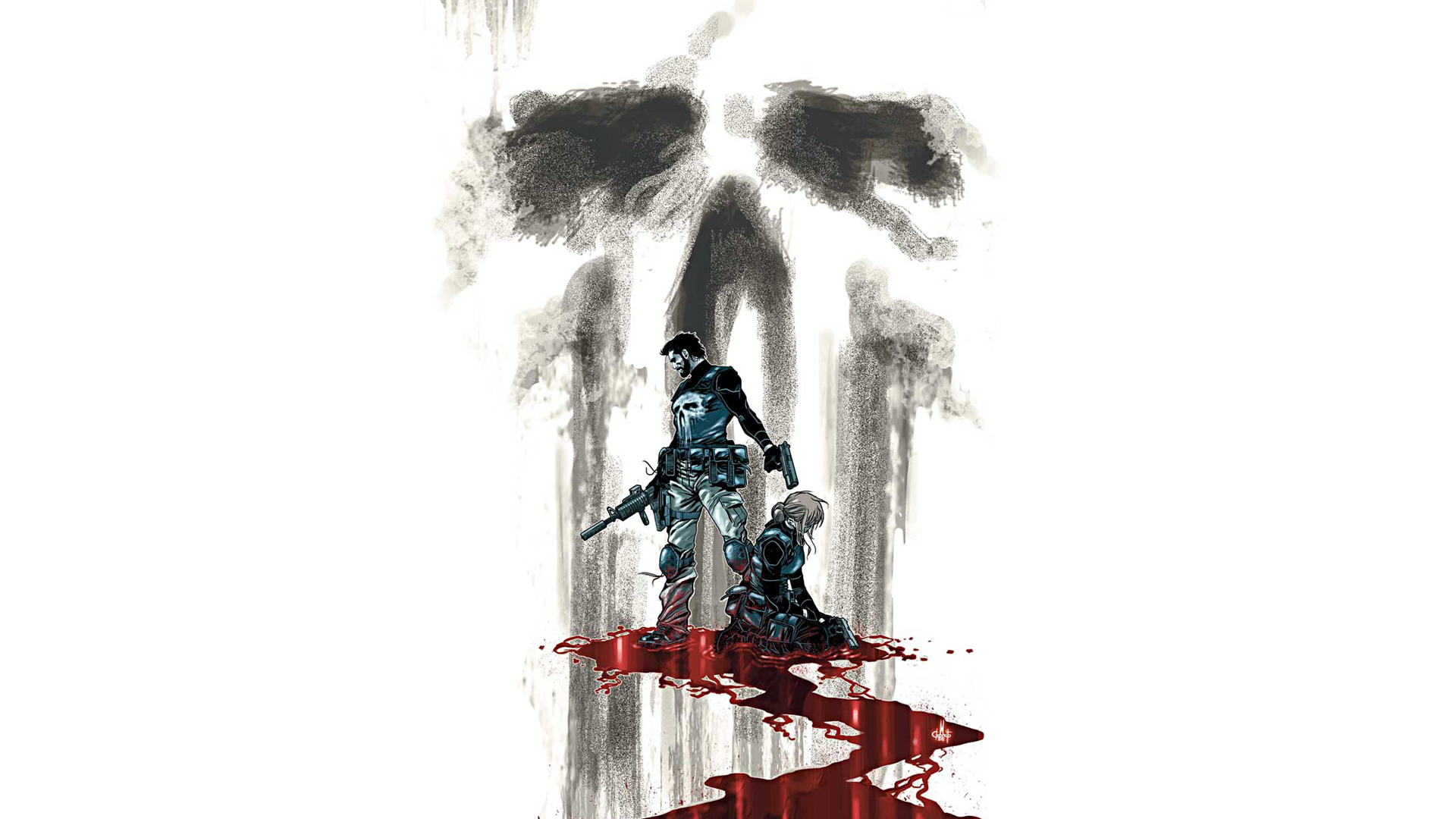 The Punisher standing over a kneeling figure HD Wallpaper