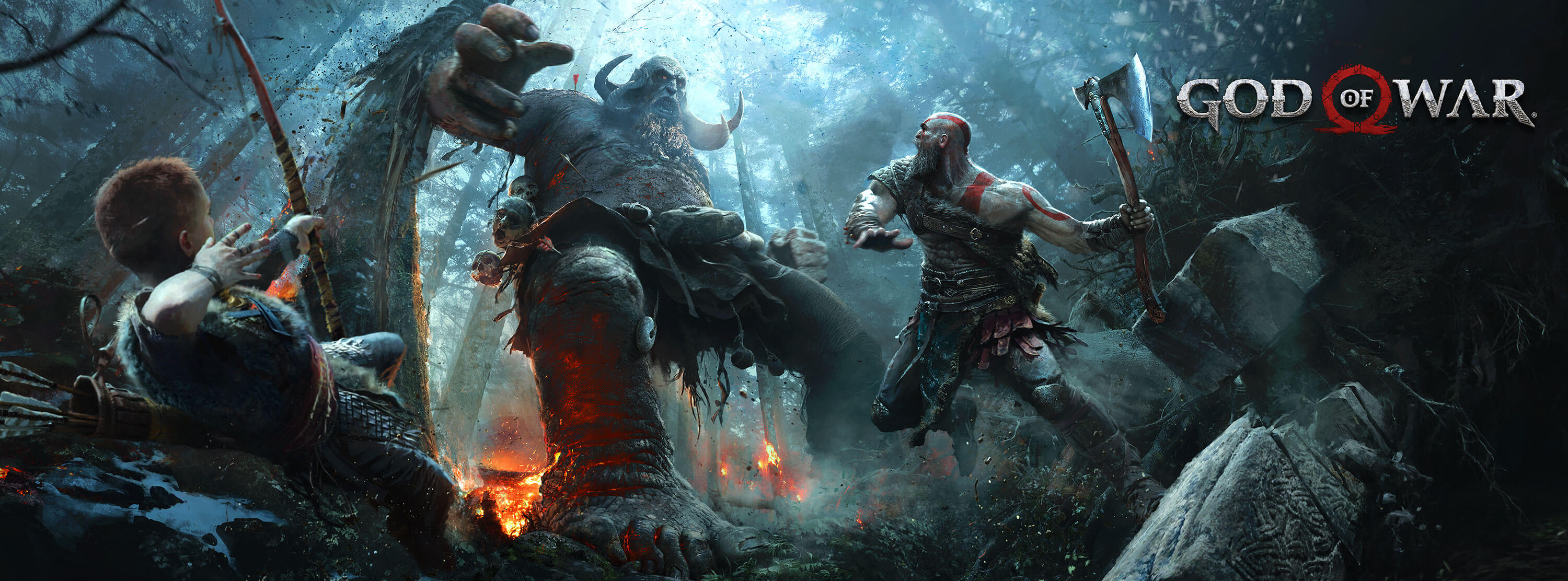 Kratos and Atreus fighting a giant in God of War HD Wallpaper