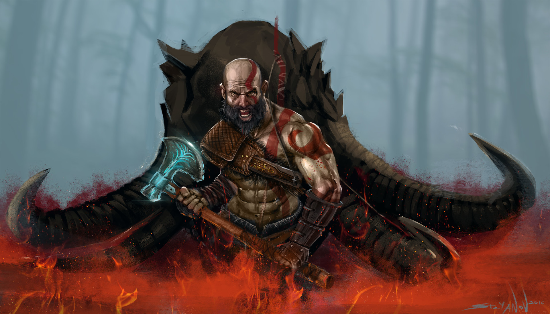 Kratos from God of War with Leviathan Axe HD Wallpaper