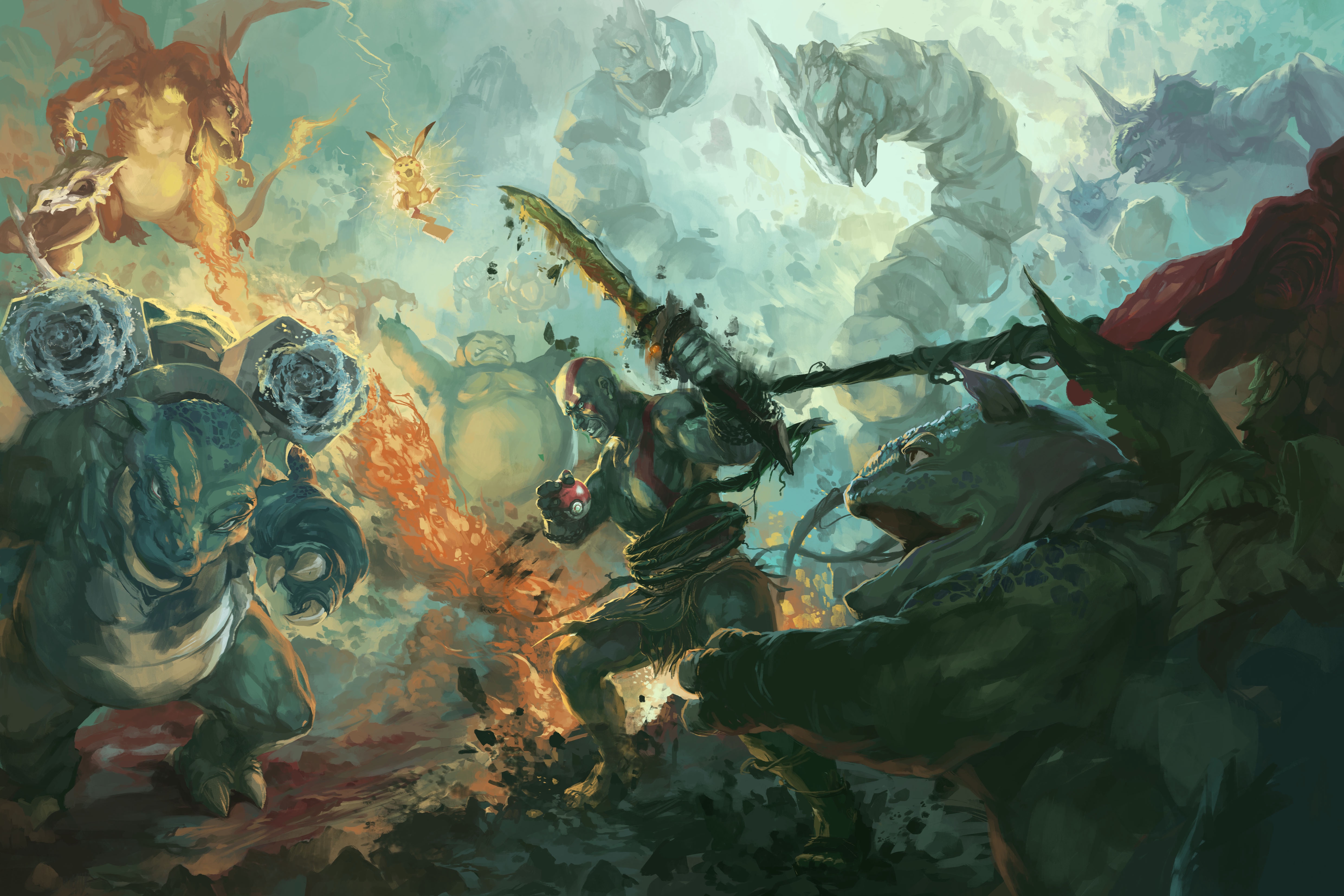 Kratos fighting Pokemon HD Wallpaper