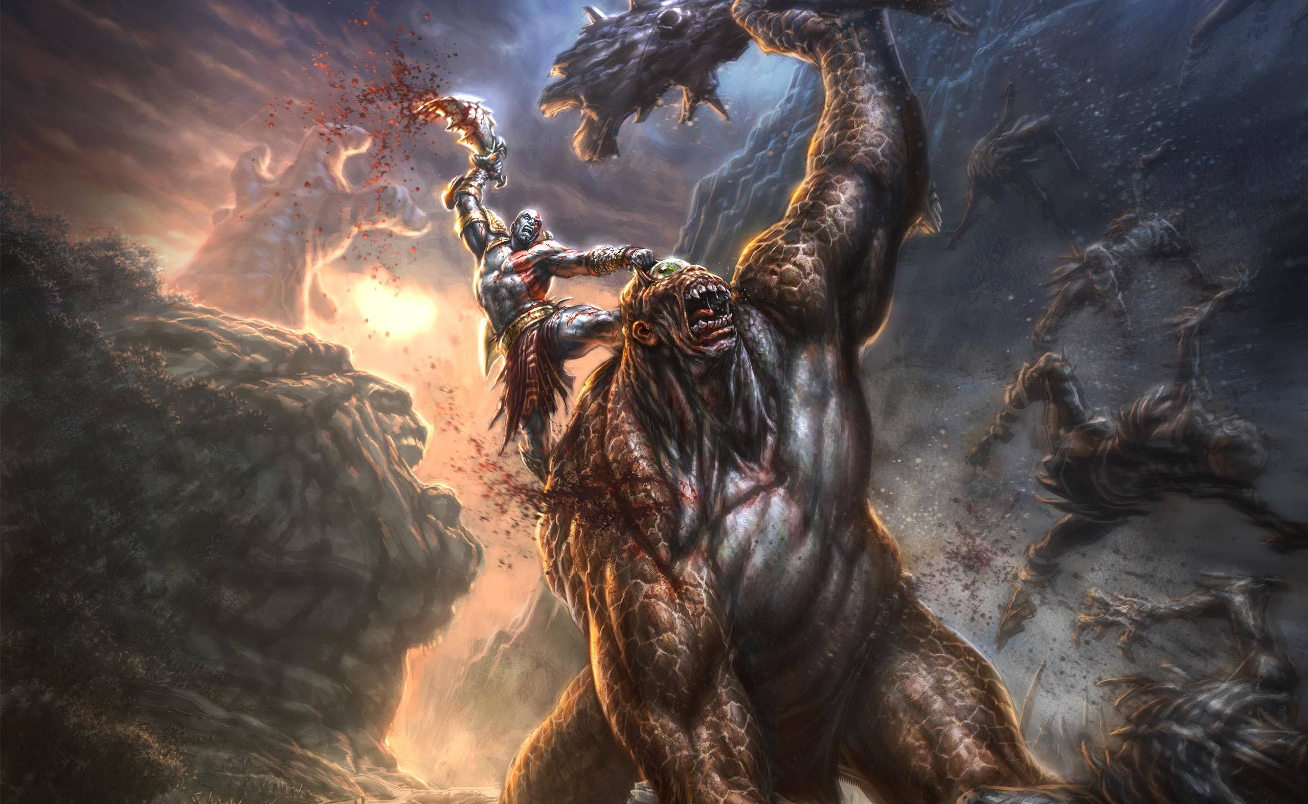 Kratos fighting a cyclops in God of War HD Wallpaper