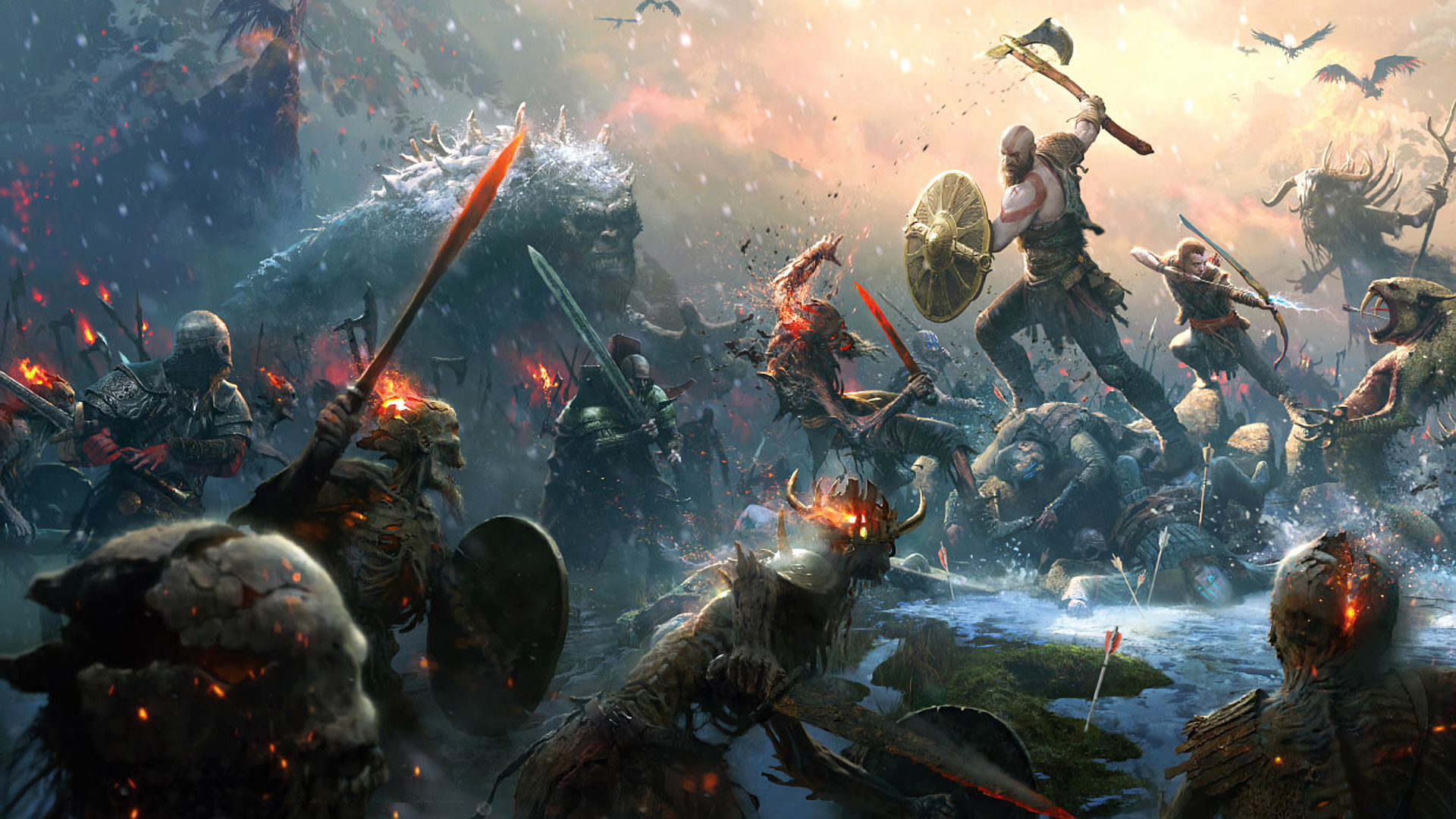 Kratos and Atreus fighting monsters in God of War HD Wallpaper