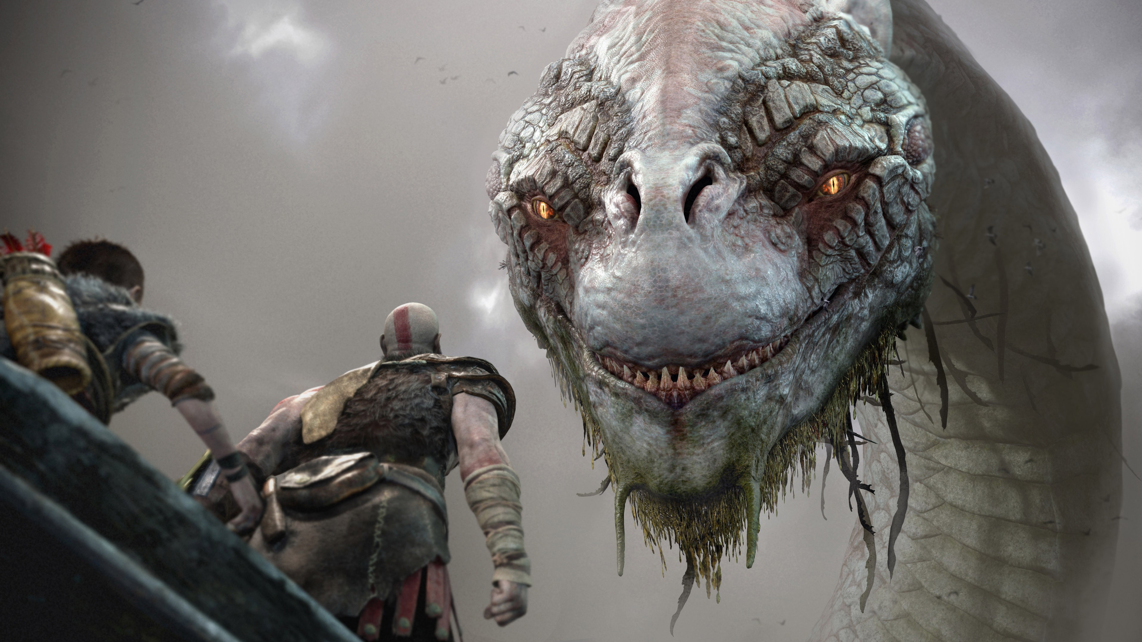 Kratos and Atreus with a giant serpent HD Wallpaper
