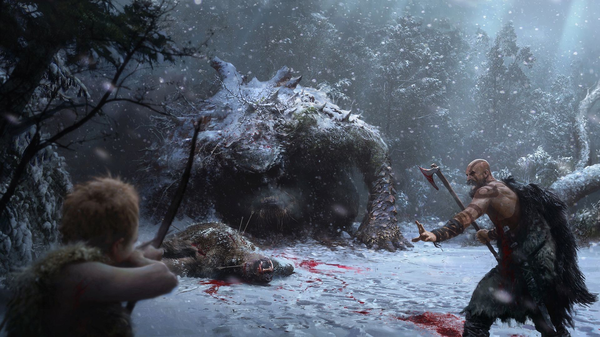 Kratos and Atreus fighting a monster in God of War HD Wallpaper