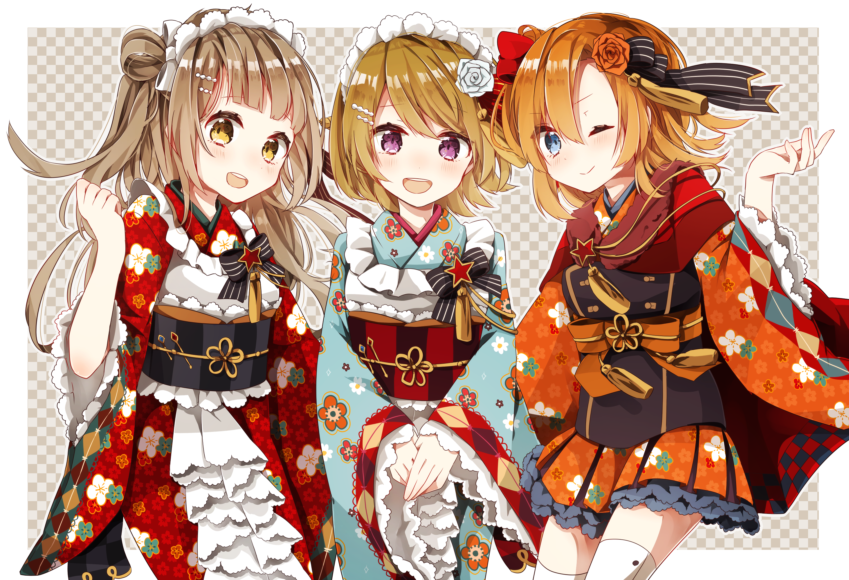 Three anime girls in kimonos HD Wallpaper