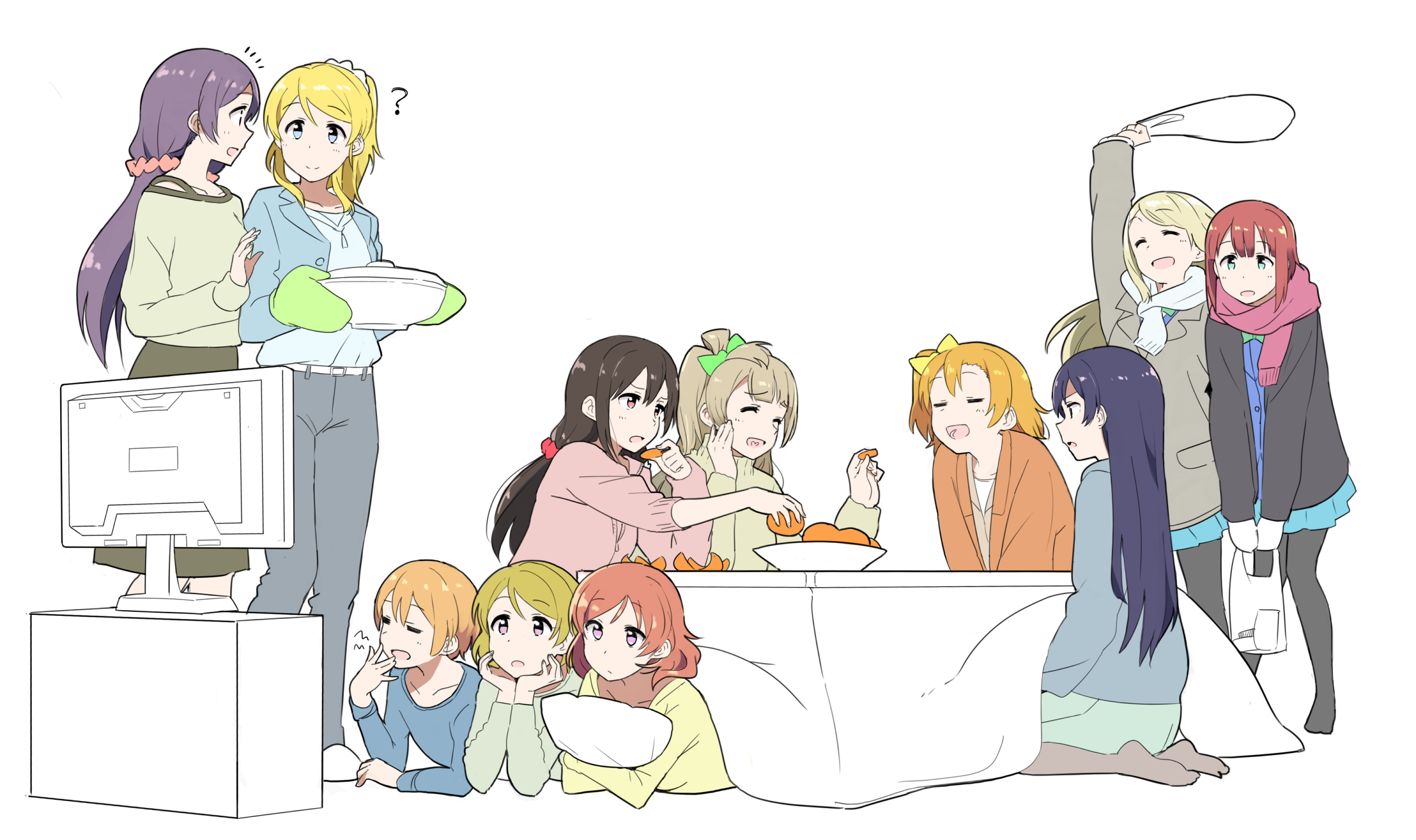 Group of girls watching TV and eating oranges HD Wallpaper