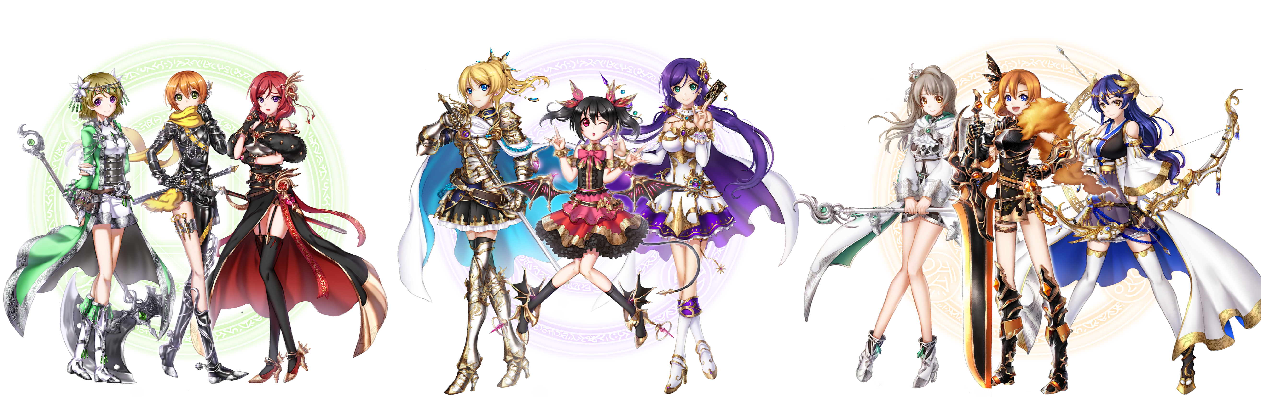 Anime girls in fantasy armor with weapons HD Wallpaper
