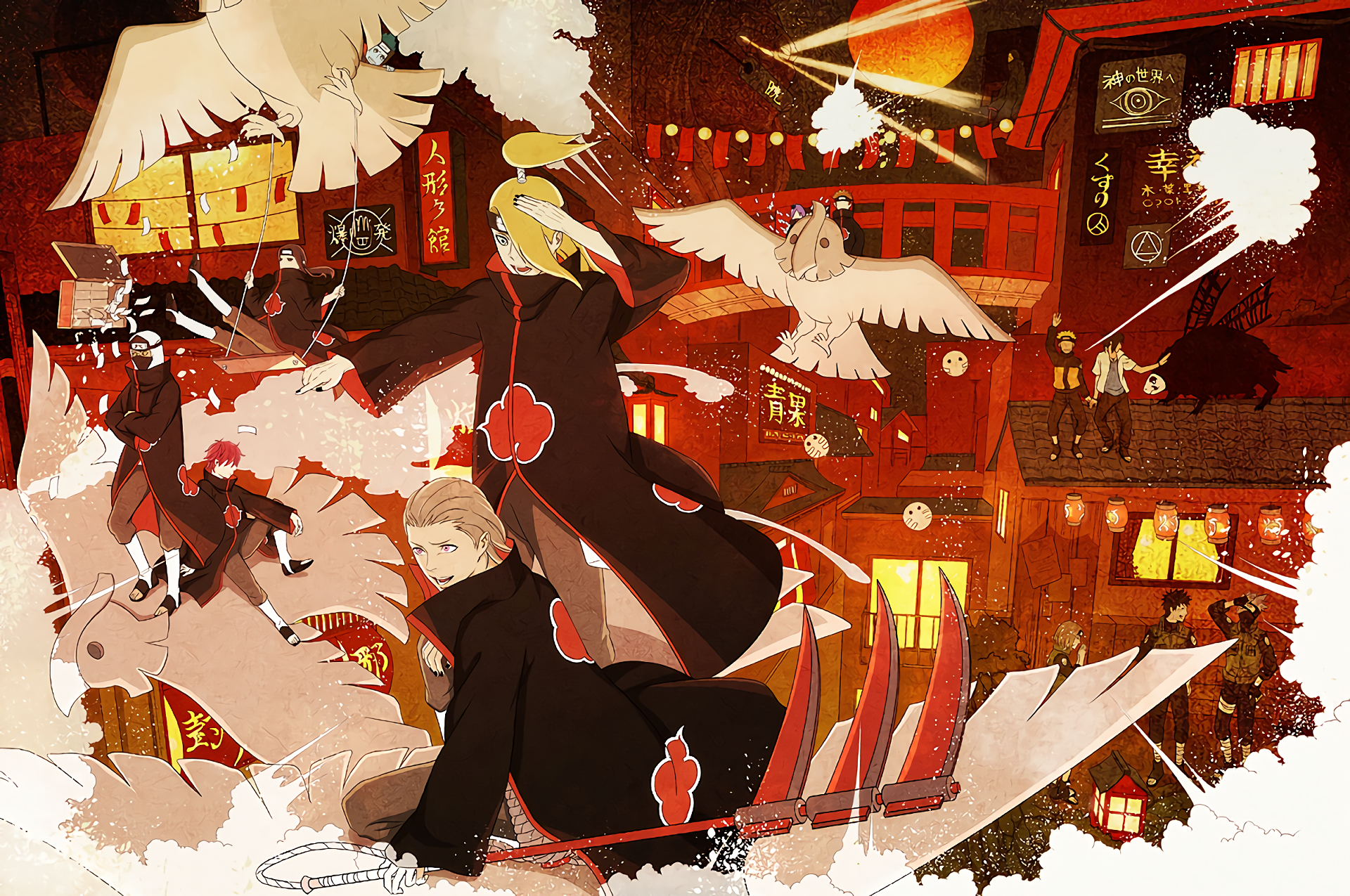 Akatsuki members in a Japanese town at night HD Wallpaper