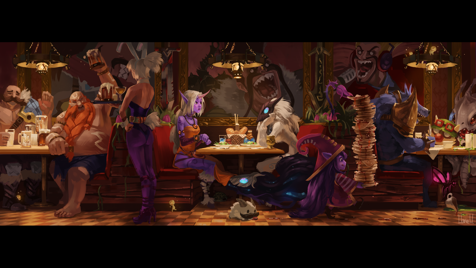 Characters from League of Legends in a tavern HD Wallpaper