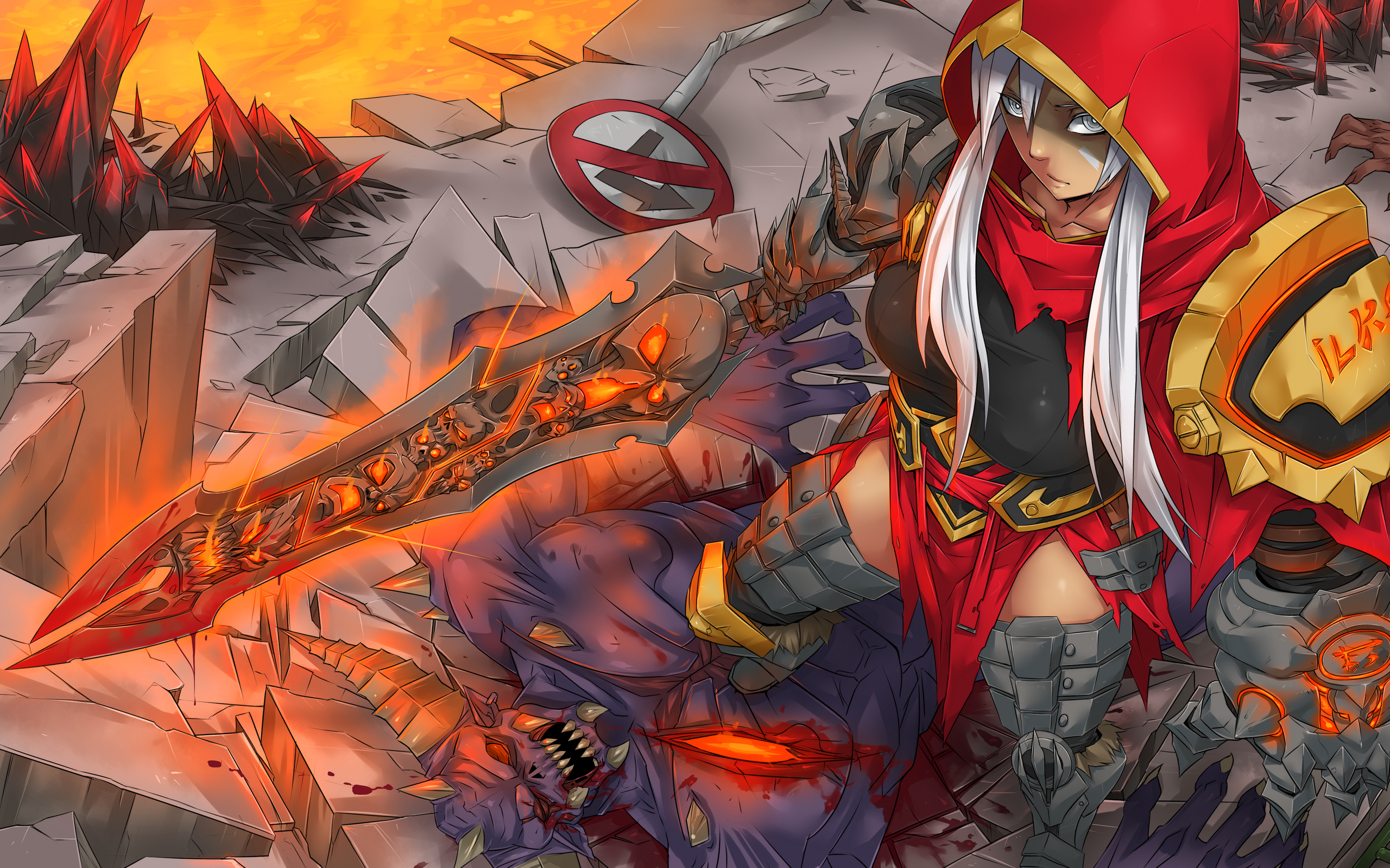 Riven from League of Legends with a defeated demon HD Wallpaper