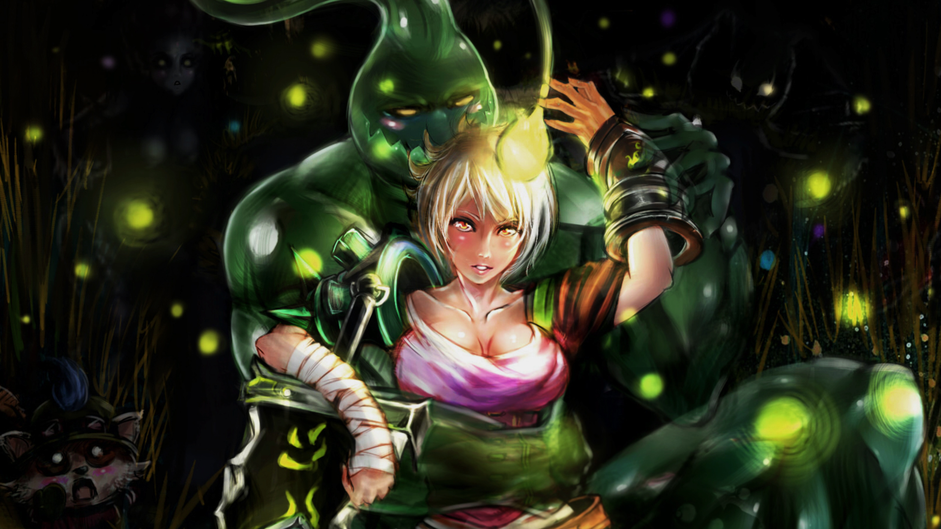 Riven from League of Legends with a large green creature HD Wallpaper