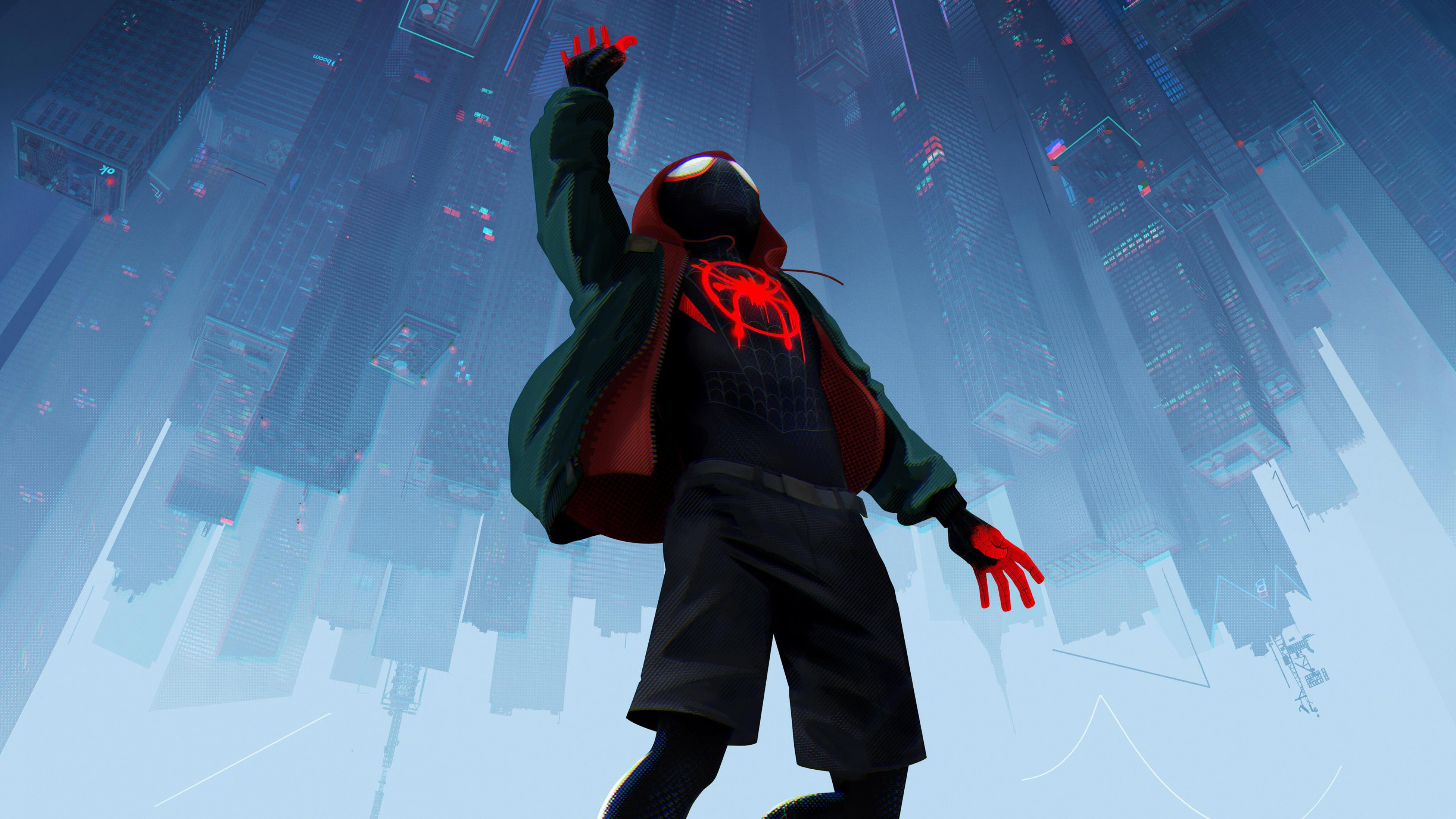 Miles Morales Spider-Man Reaching Up in Cityscape HD Wallpaper
