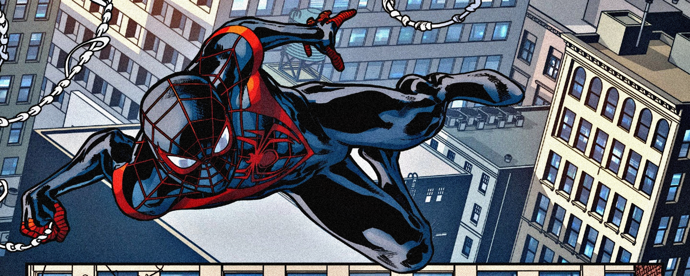 Miles Morales swinging through a city HD Wallpaper