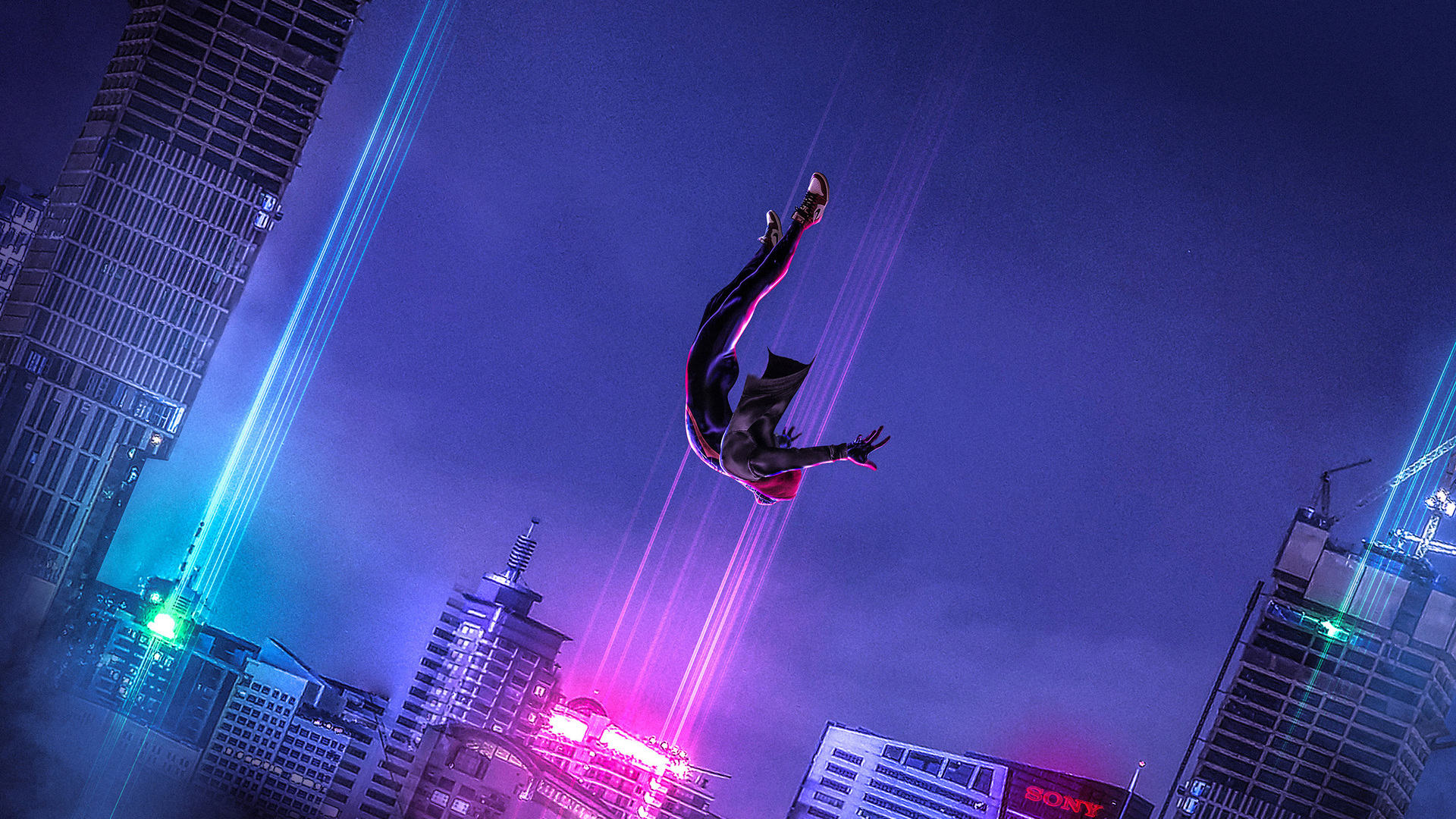 Miles Morales falling between city buildings at night HD Wallpaper