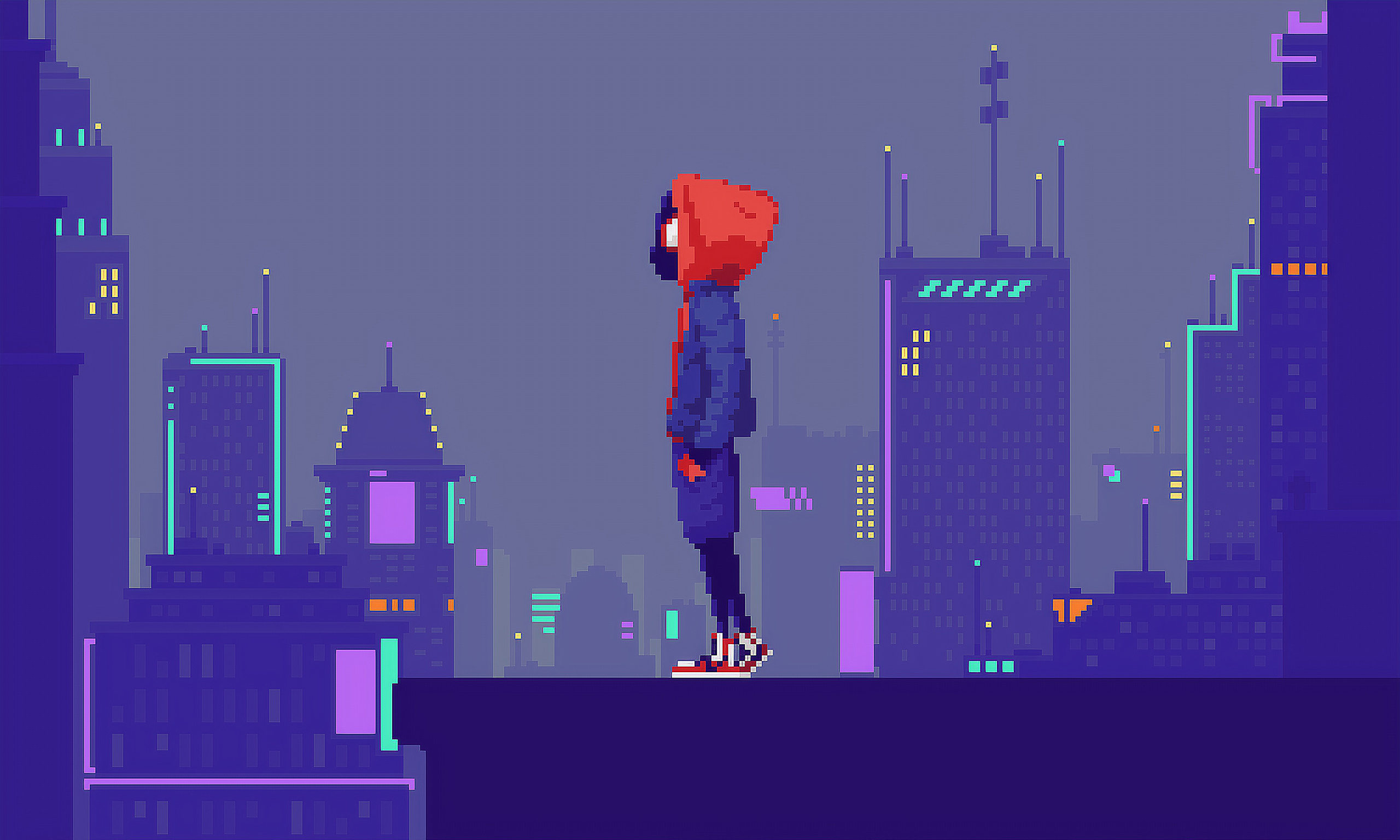 Miles Morales in a pixelated city HD Wallpaper