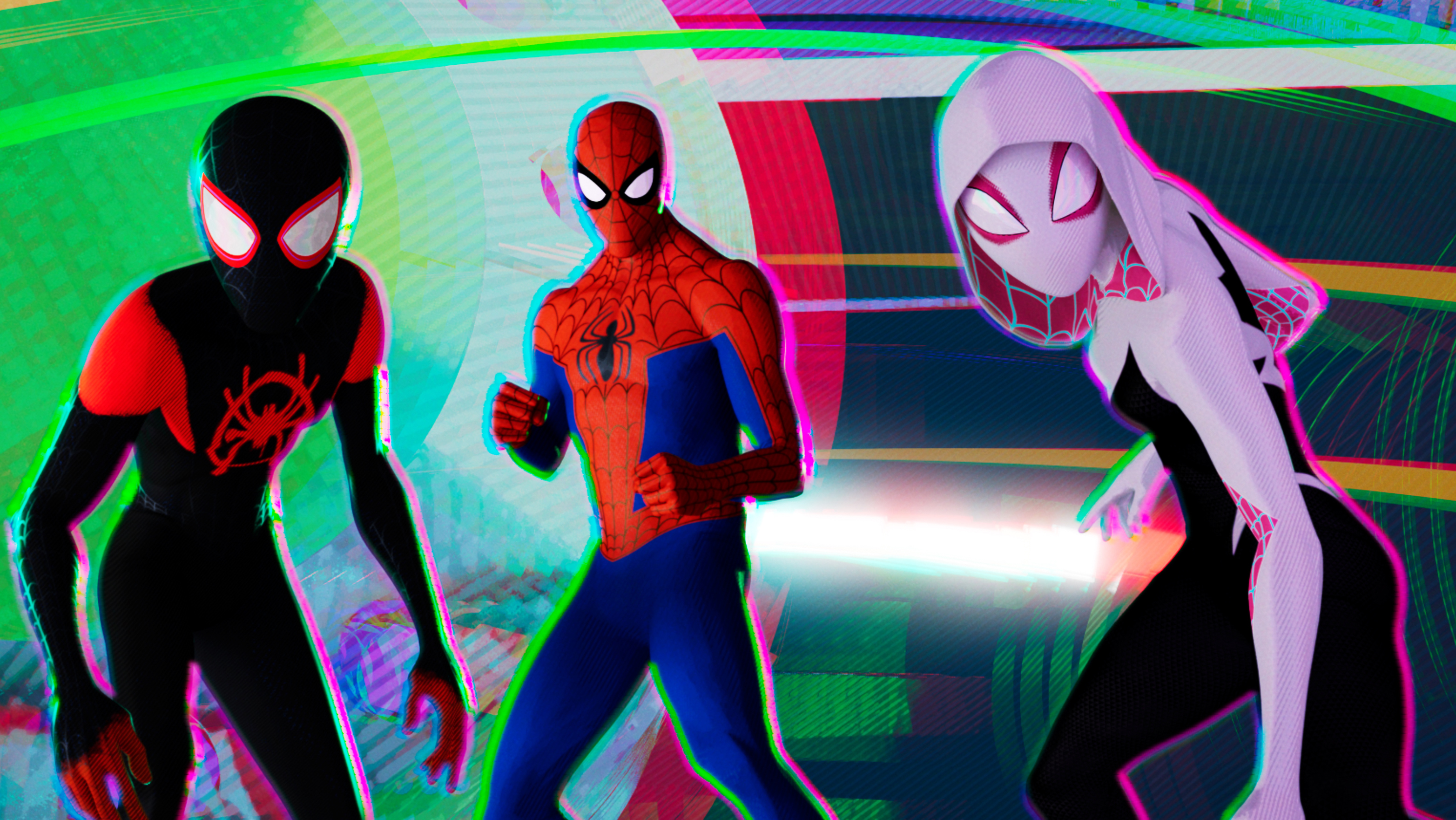 Miles Morales, Spider-Man, and Spider-Gwen from Spider-Verse HD Wallpaper