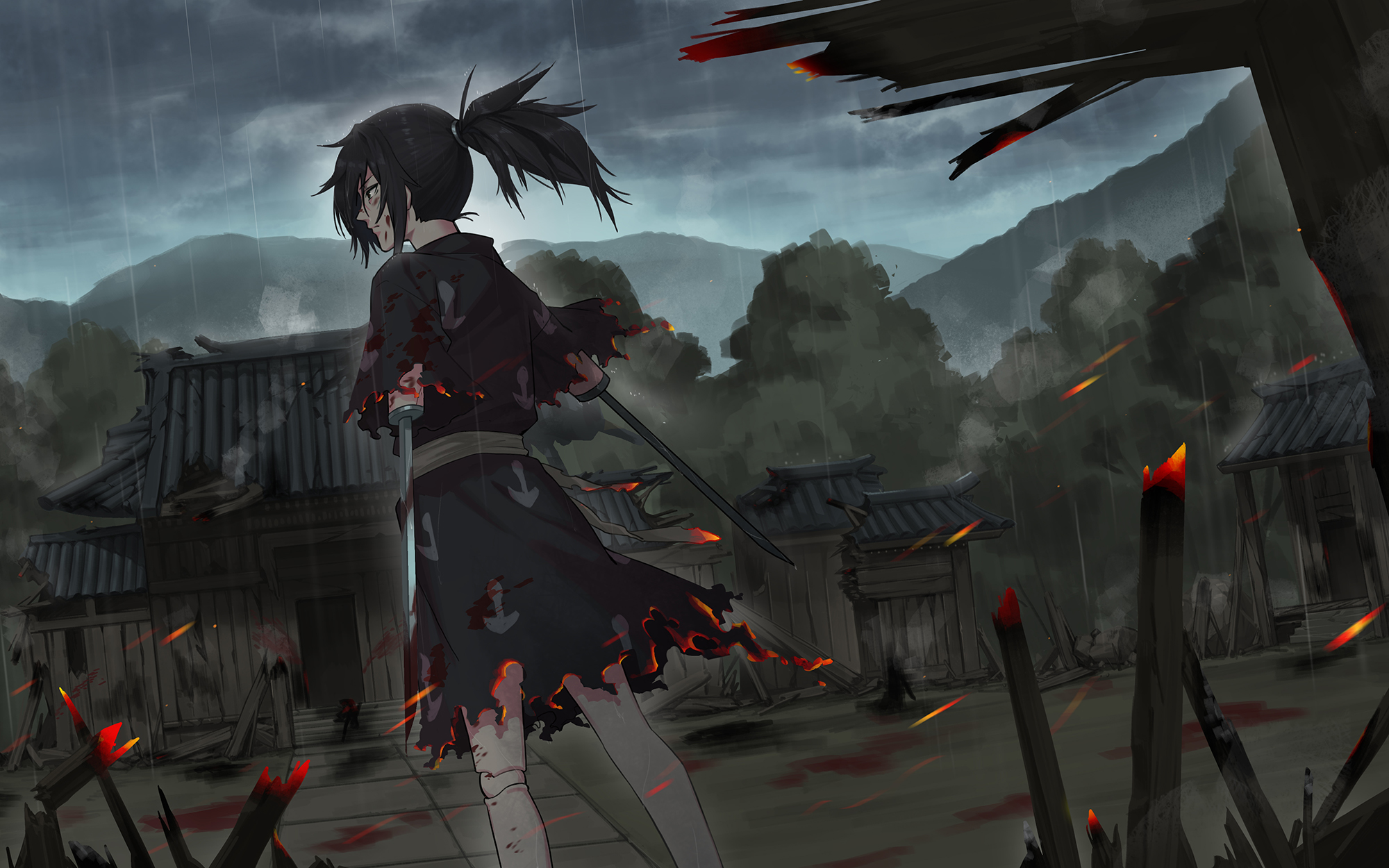 Hyakkimaru from Dororo in a burning village HD Wallpaper