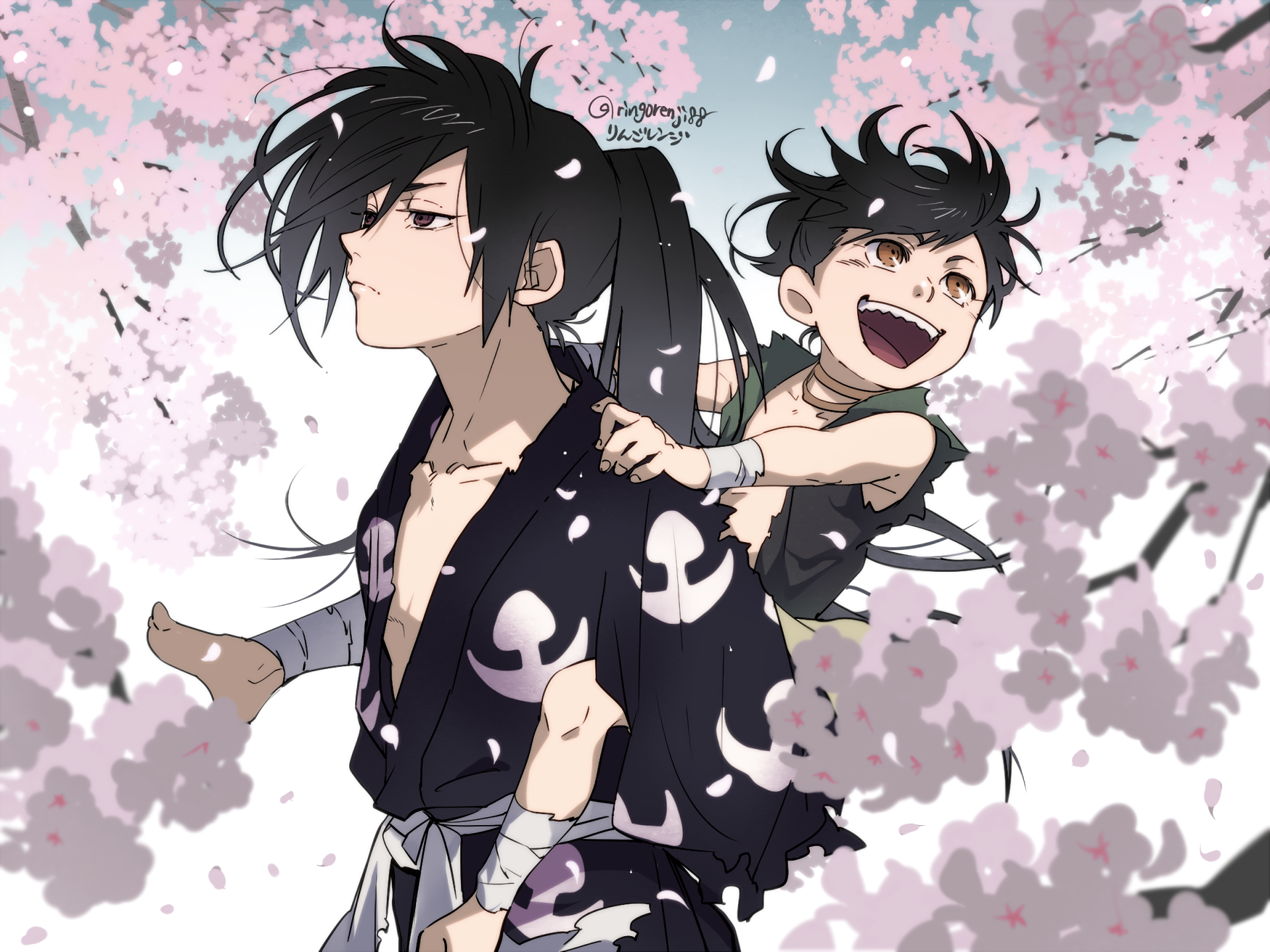 Hyakkimaru and Dororo from Dororo with cherry blossoms HD Wallpaper
