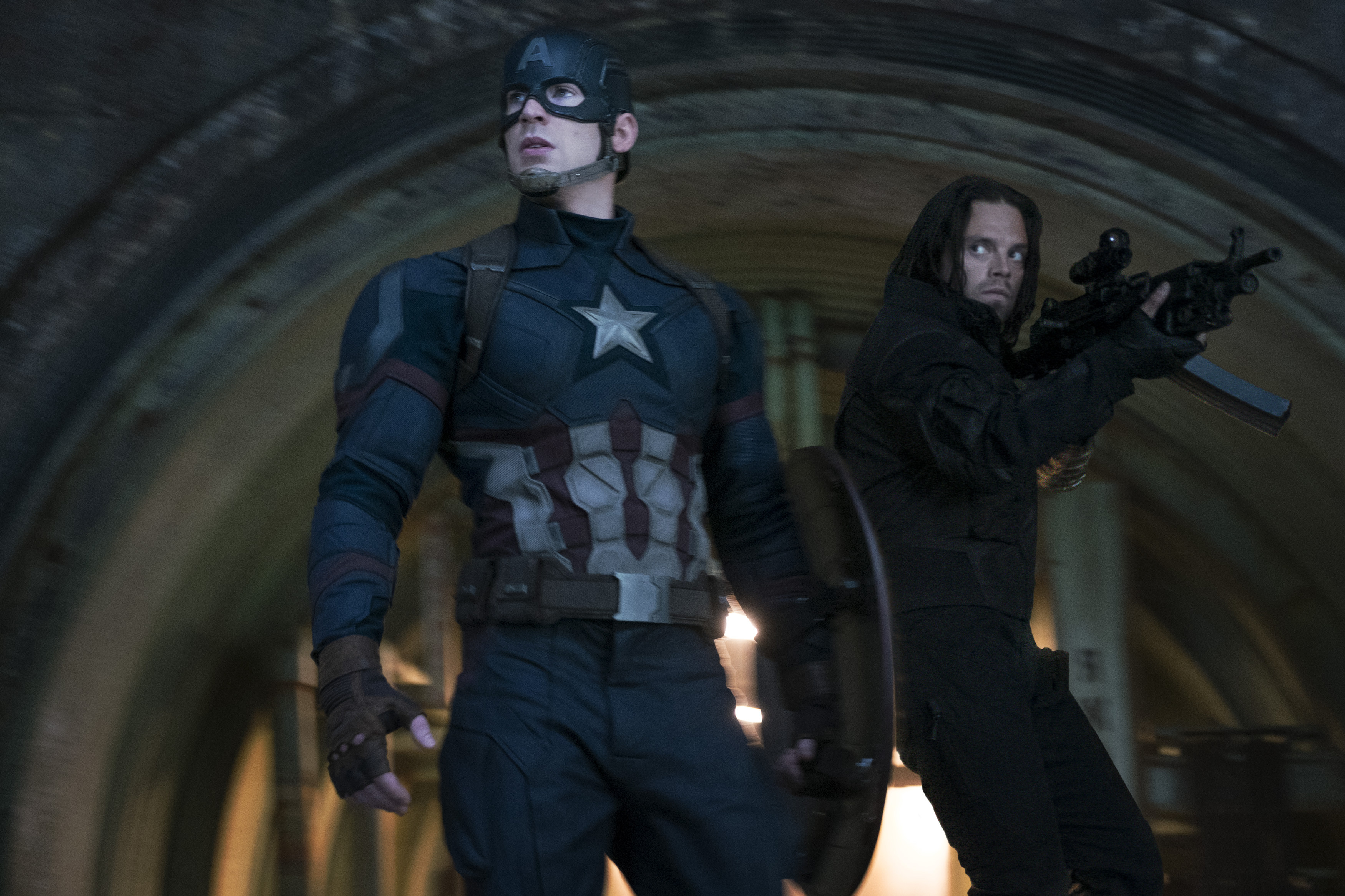 Captain America and Winter Soldier in a tunnel HD Wallpaper