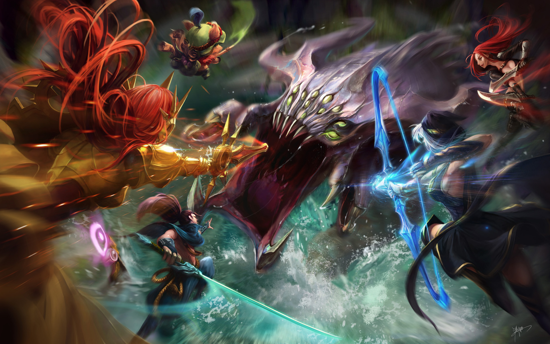Katarina and allies fighting a monster in League of Legends HD Wallpaper