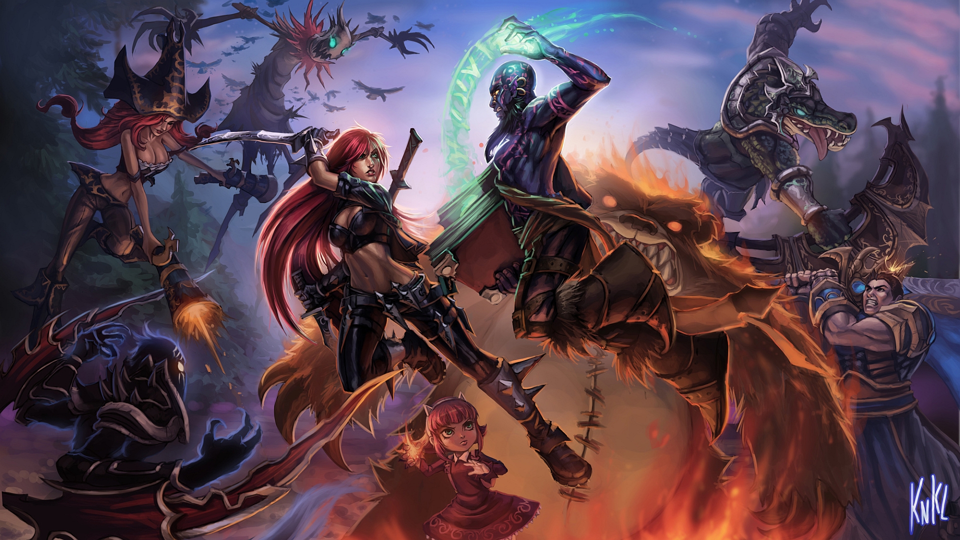 Katarina and other League of Legends champions in battle HD Wallpaper