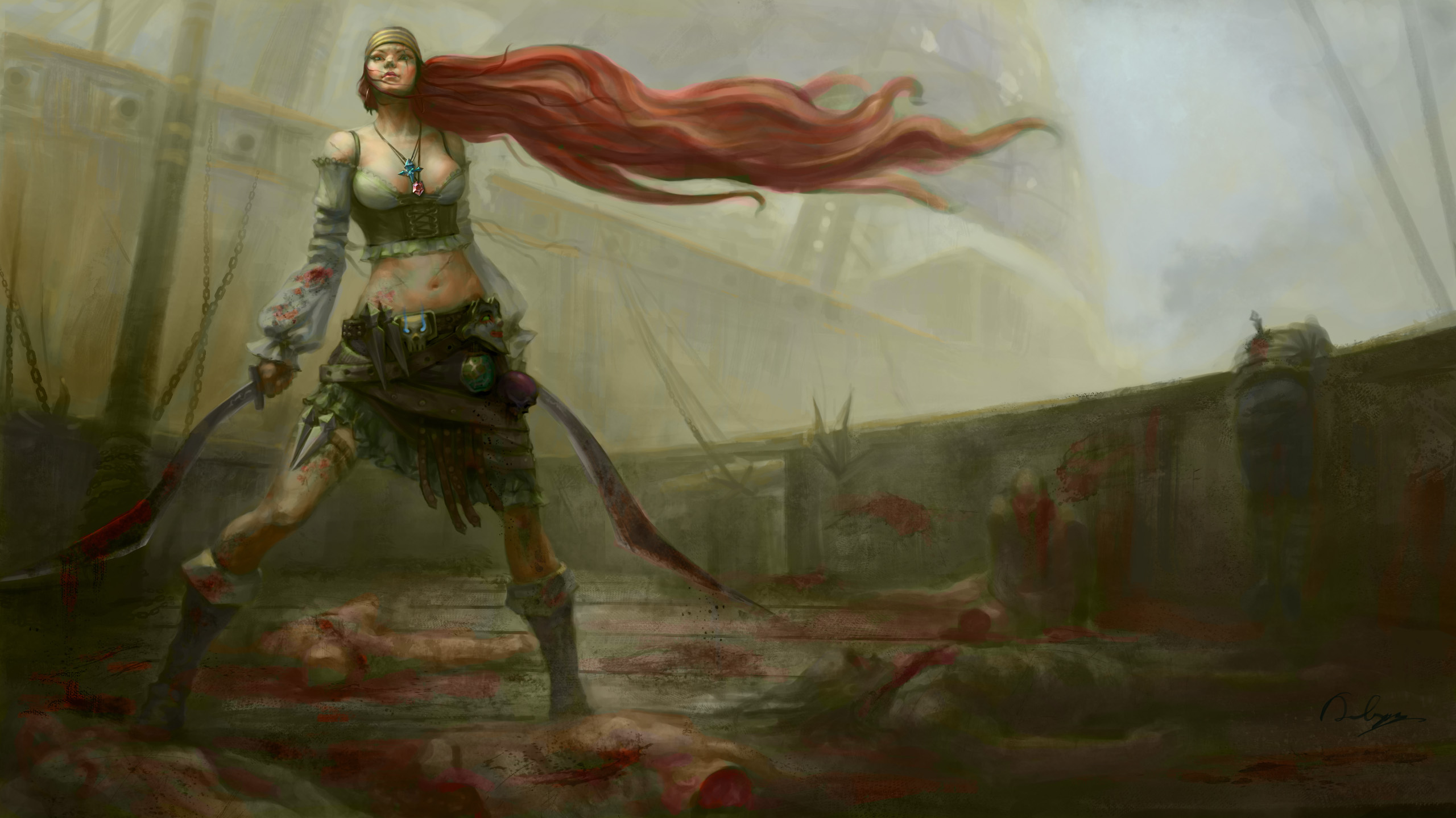 Katarina from League of Legends on a bloody ship deck HD Wallpaper