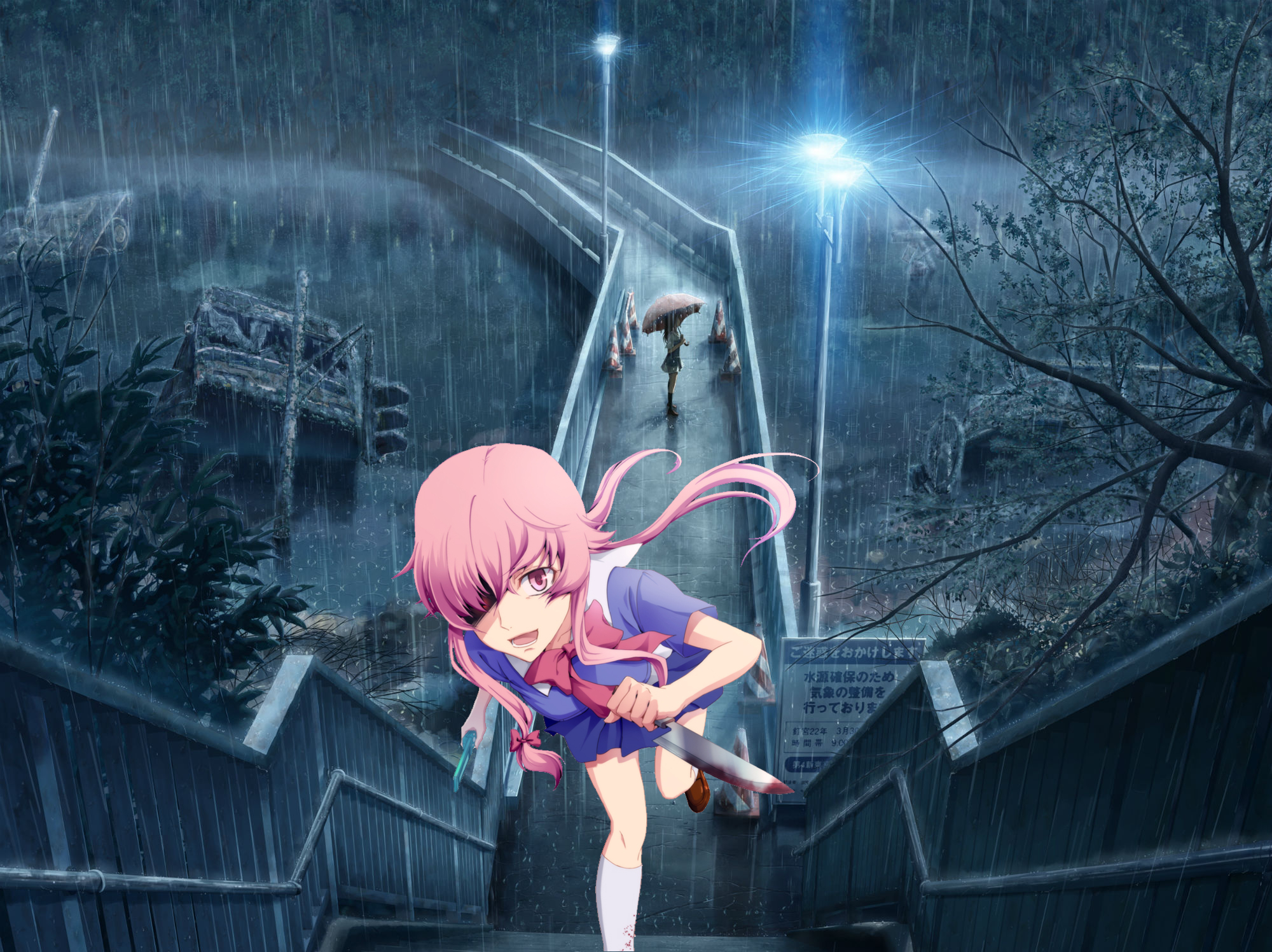 Yuno Gasai running with a knife in the rain HD Wallpaper