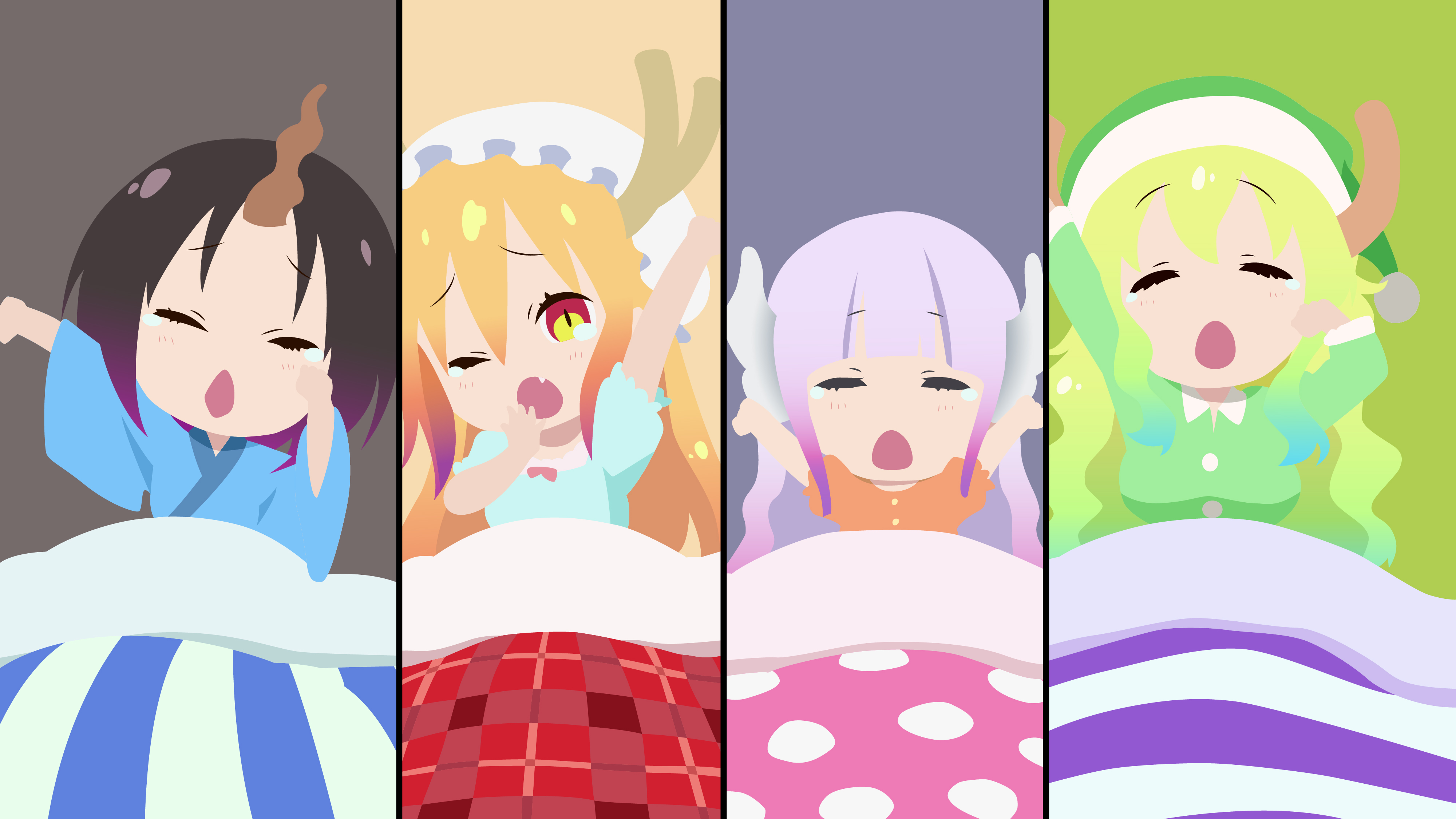 Kobayashi-san Chi no Maid Dragon characters waking up HD Wallpaper