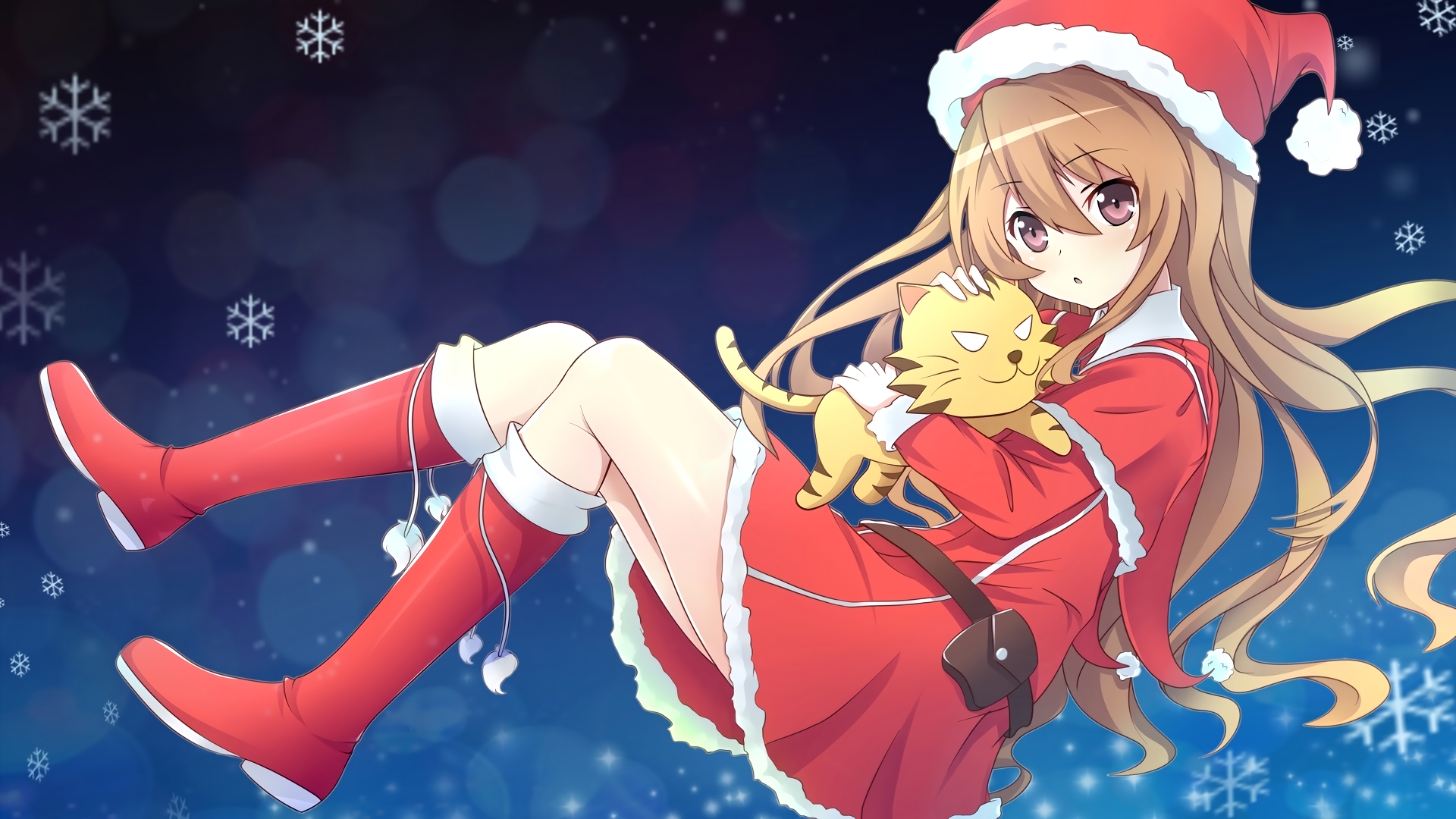 Taiga Aisaka in Santa Outfit with Cat HD Wallpaper