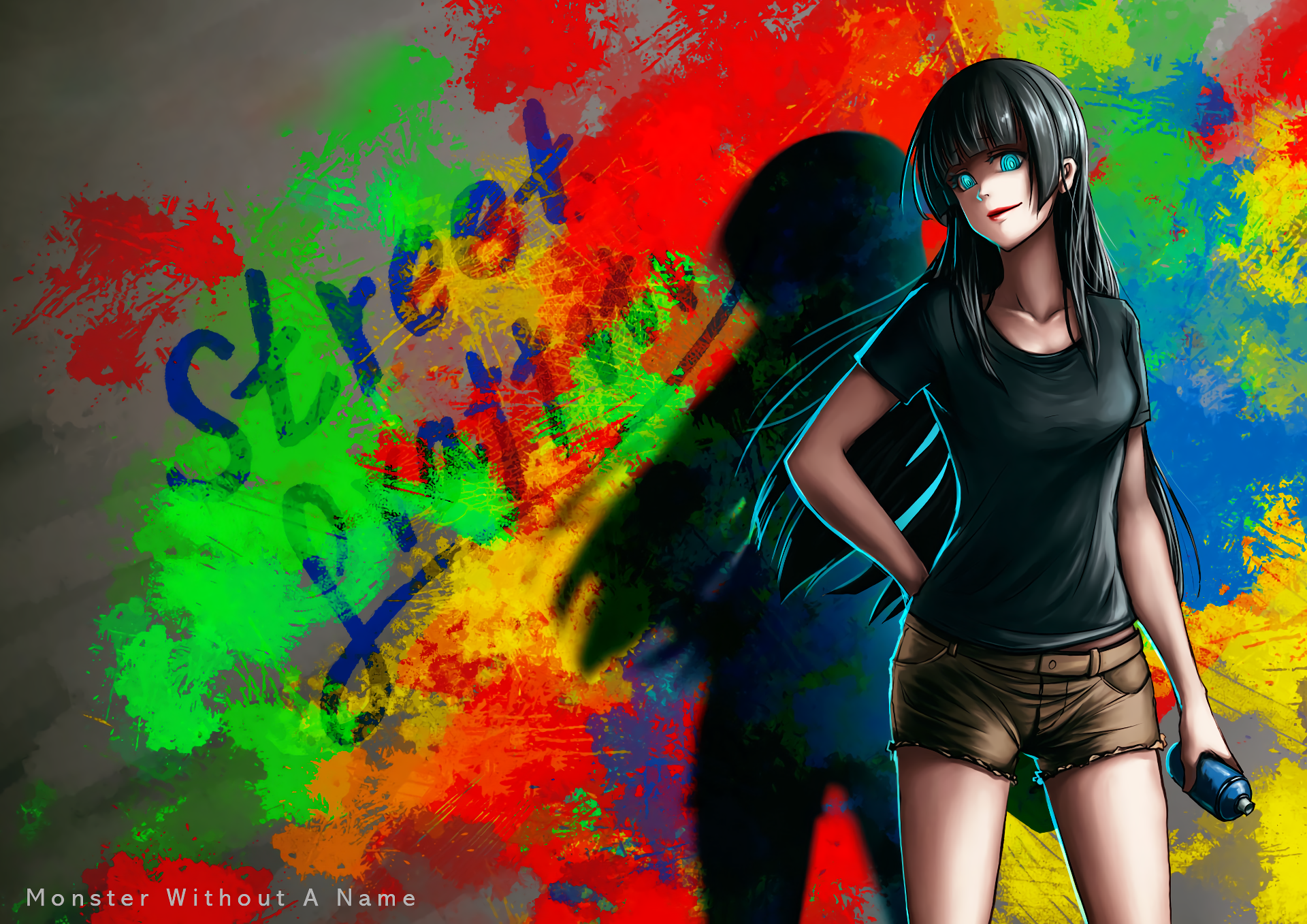 Girl with spray paint can in front of graffiti wall HD Wallpaper
