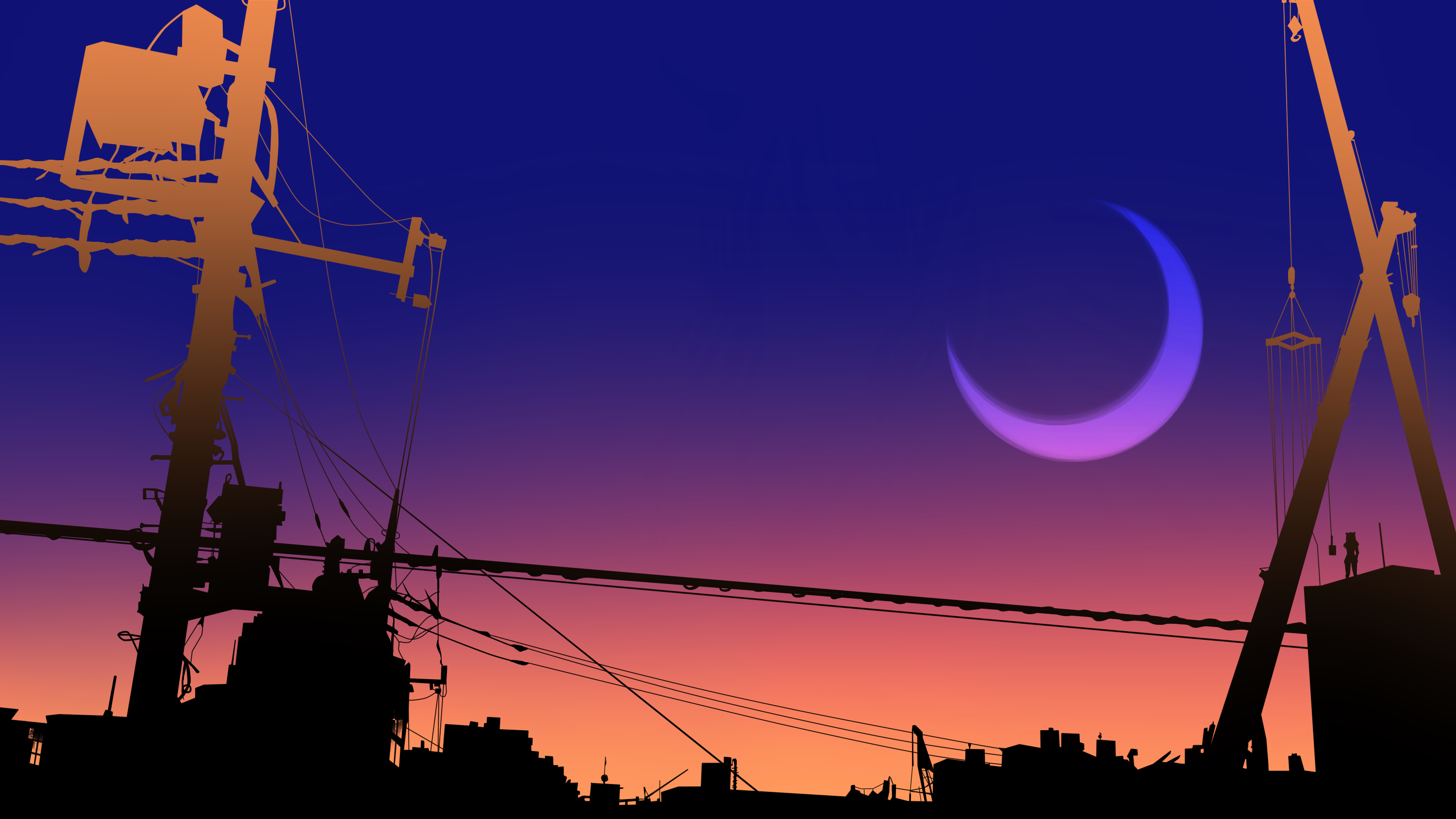 Silhouette of a city at sunset with a crescent moon HD Wallpaper
