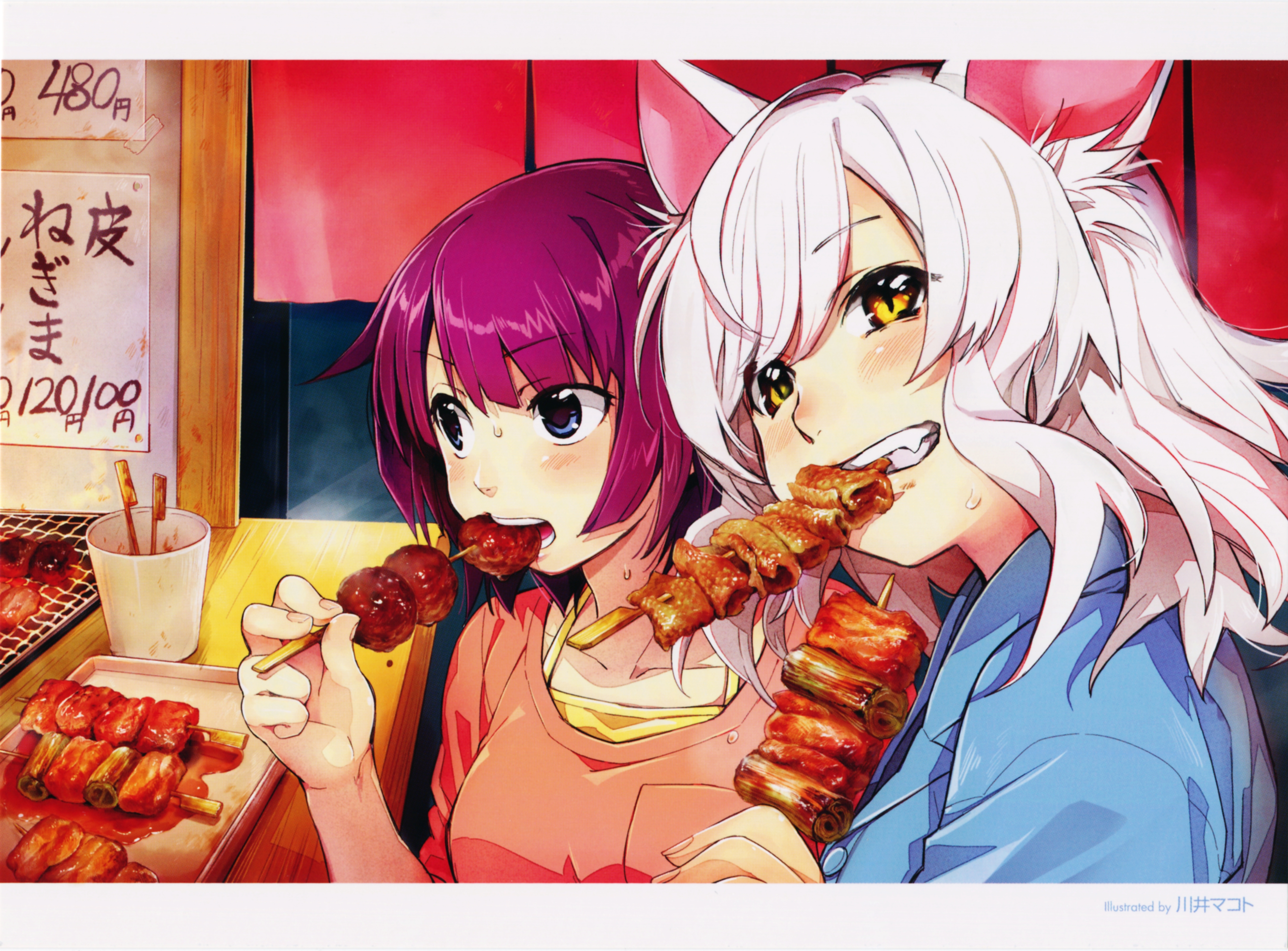 Two anime girls eating skewers at a food stall HD Wallpaper