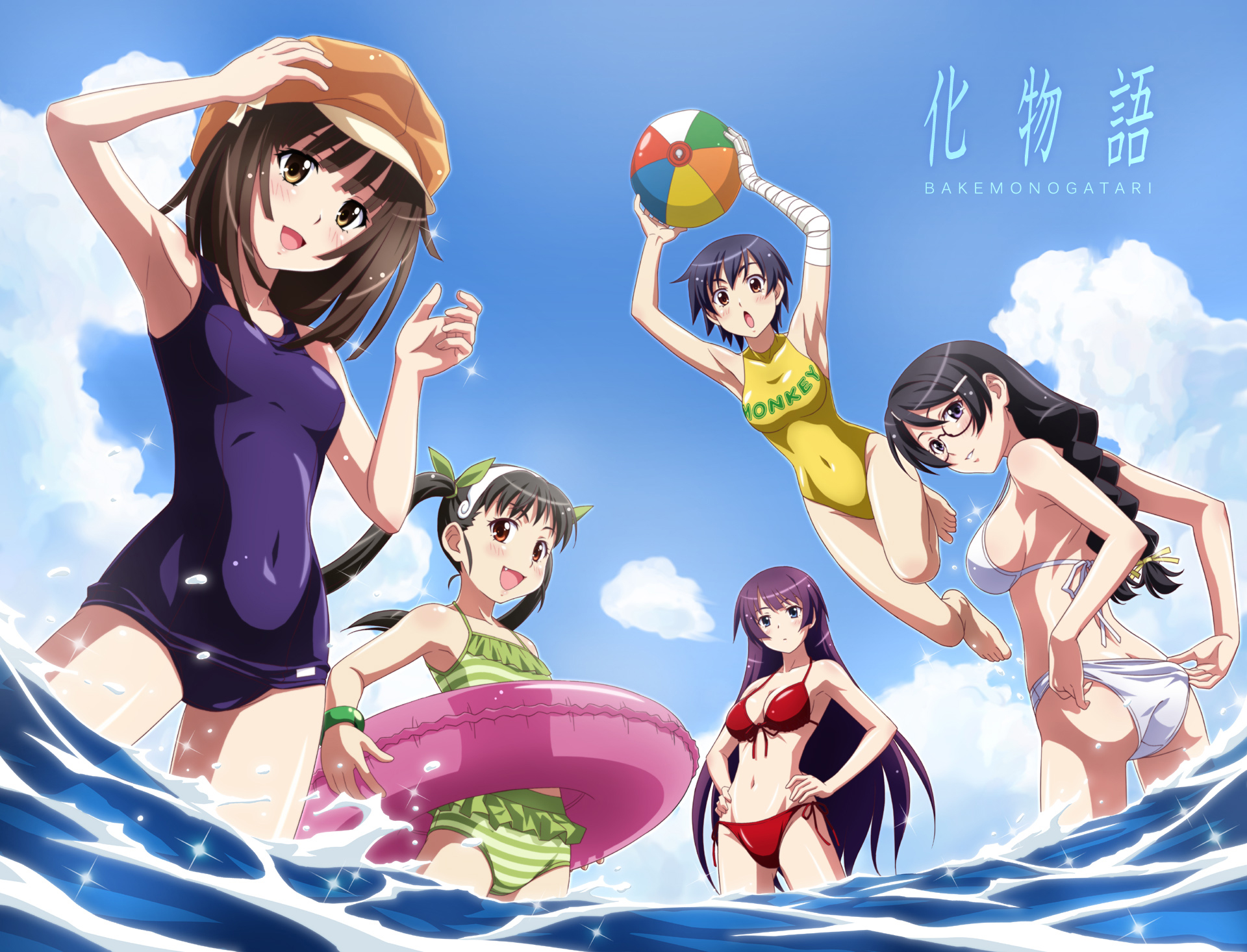 Bakenogatari: Girls in Swimsuits at the Beach HD Wallpaper