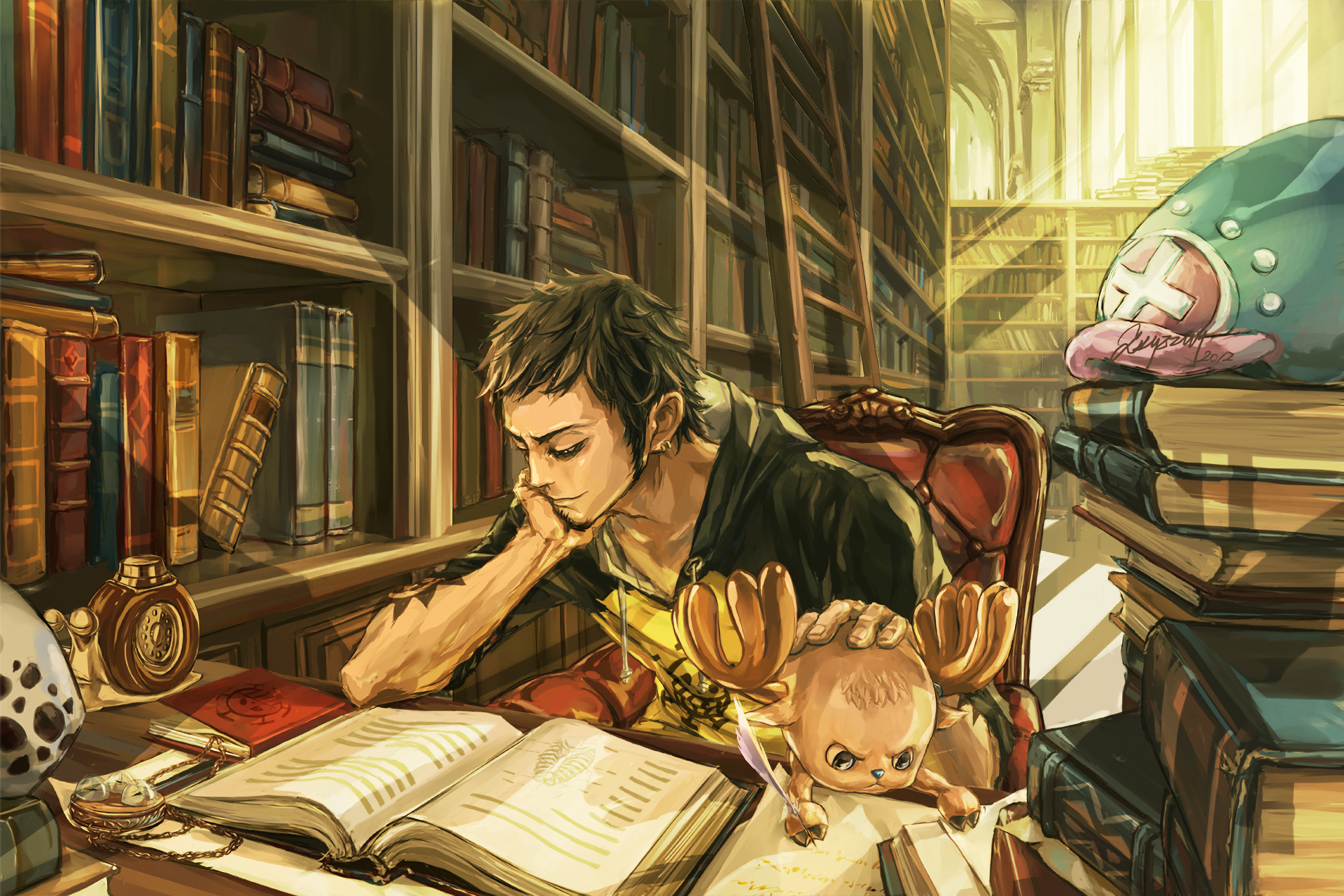 Trafalgar Law and Chopper in a library HD Wallpaper