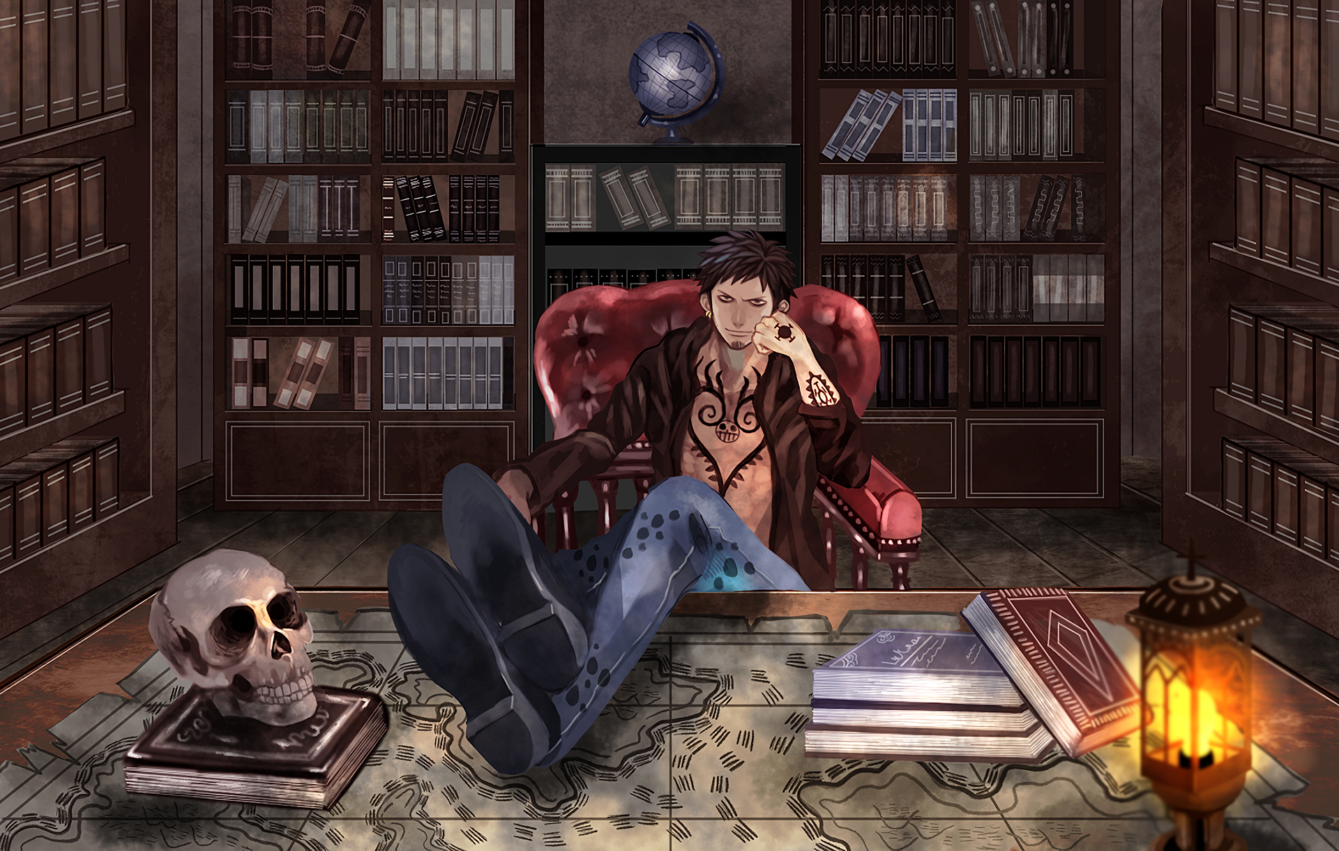 Trafalgar Law in a library HD Wallpaper
