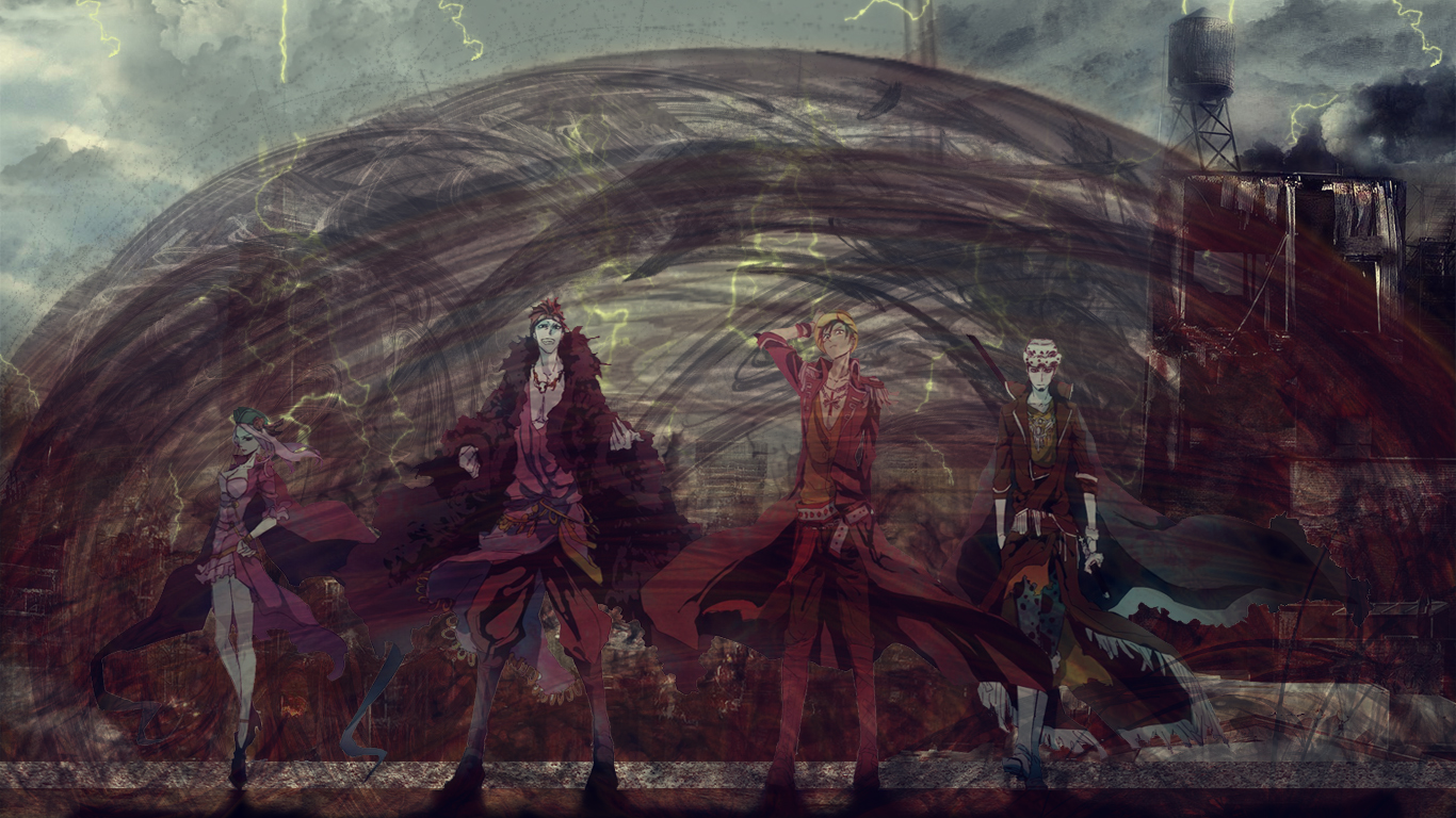 Four characters in a stormy, dark environment HD Wallpaper