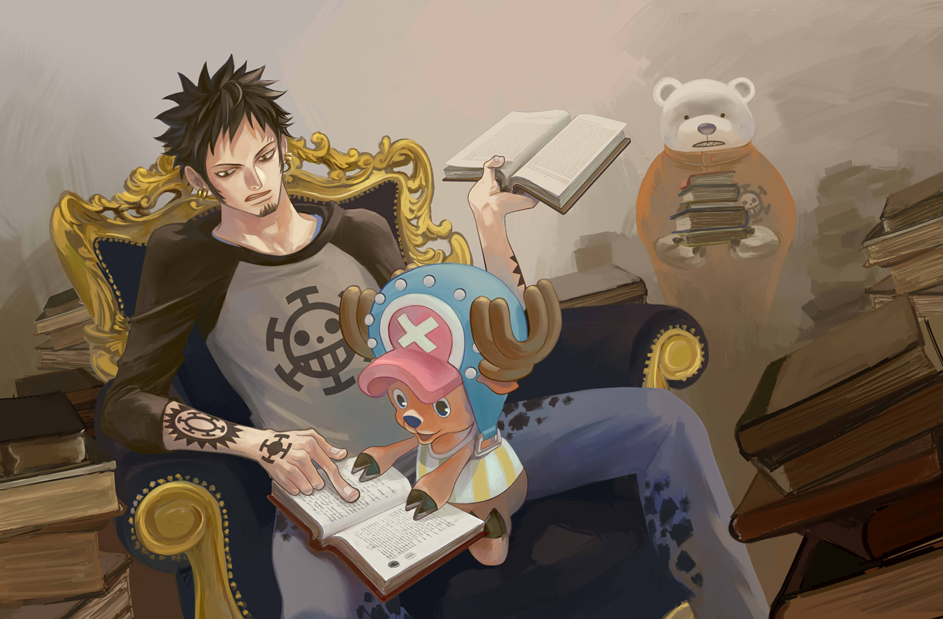 Trafalgar Law and Chopper from One Piece reading books HD Wallpaper