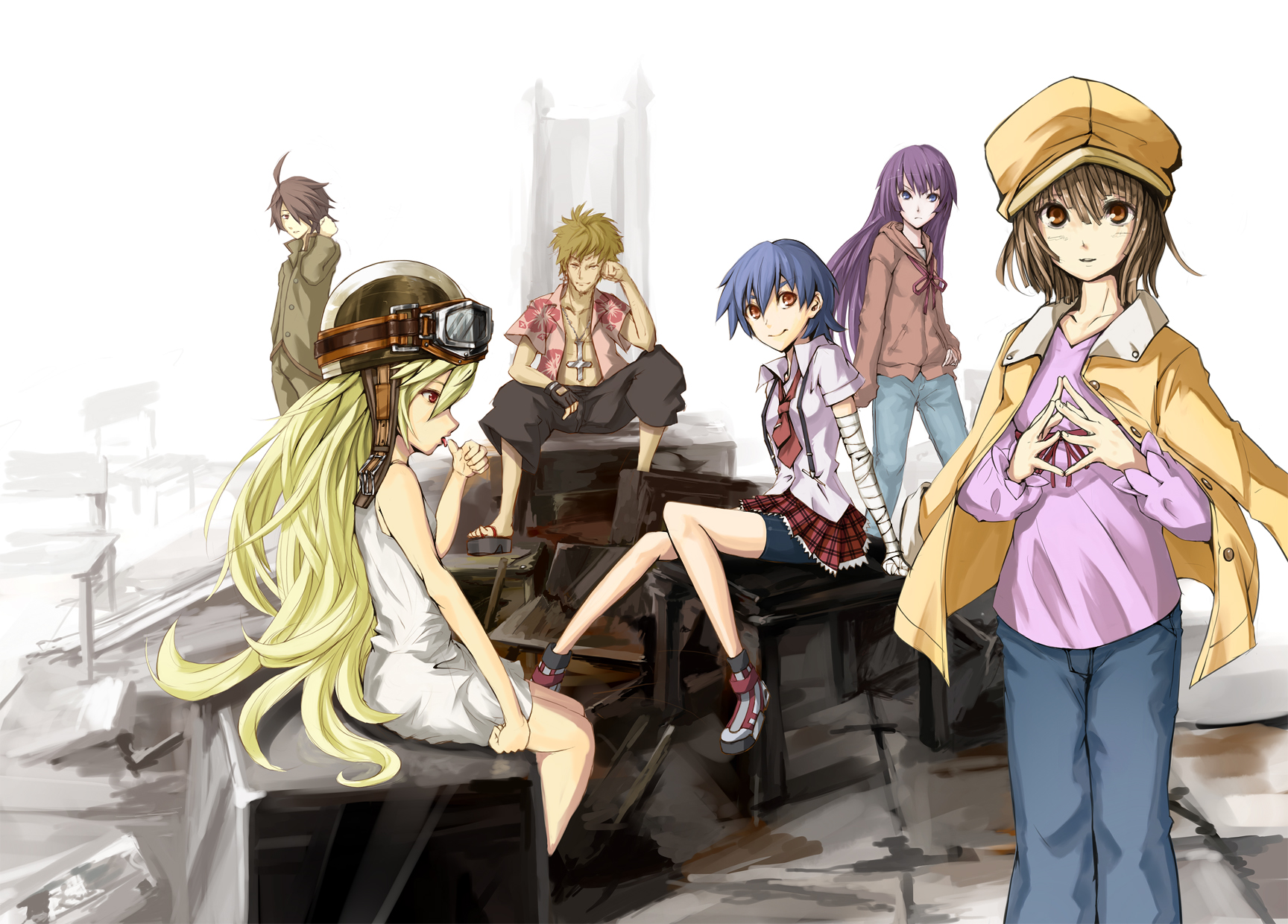 Koyomi Araragi and friends in a ruined environment HD Wallpaper