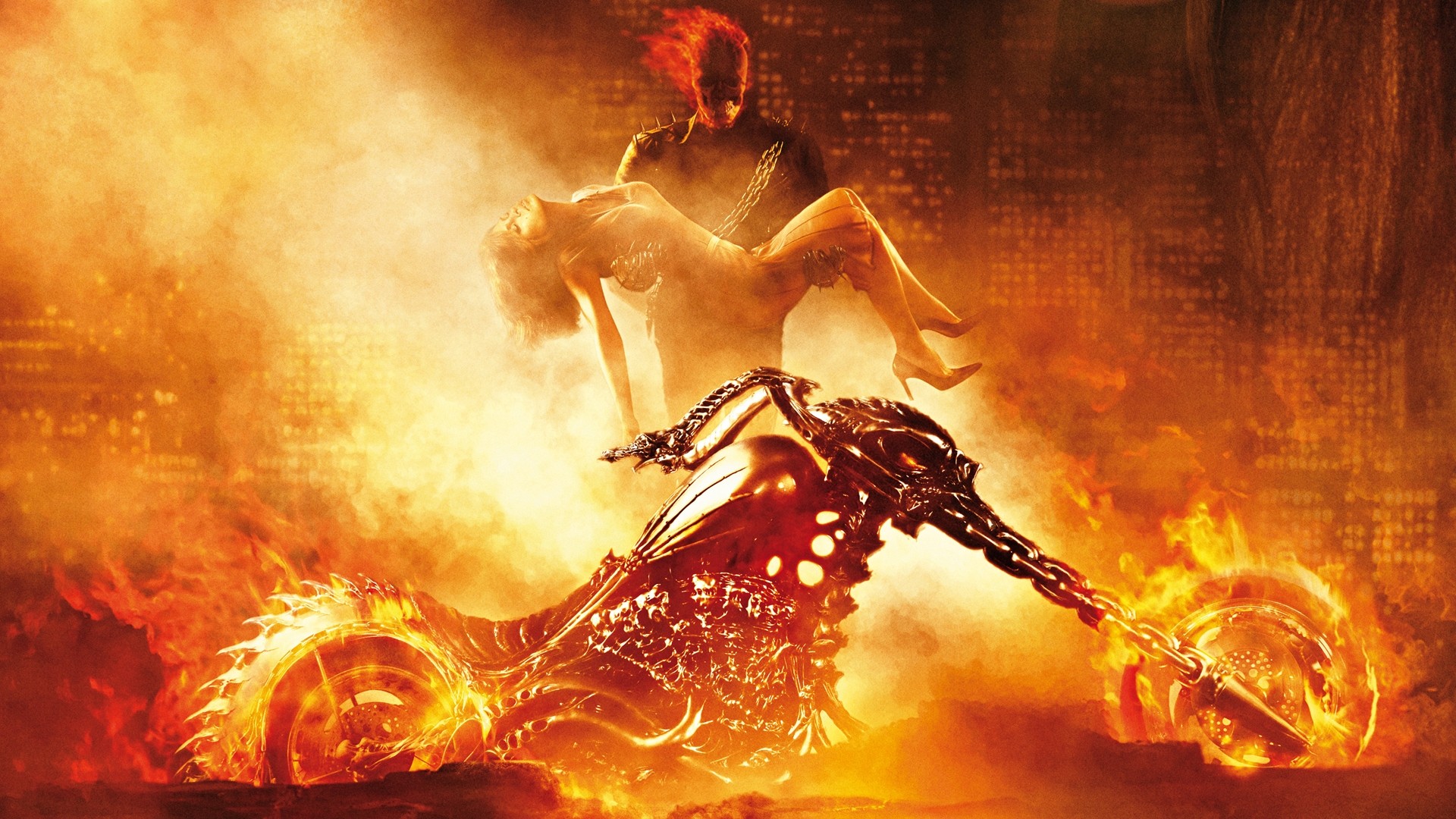 Ghost Rider carrying a woman on a flaming motorcycle HD Wallpaper