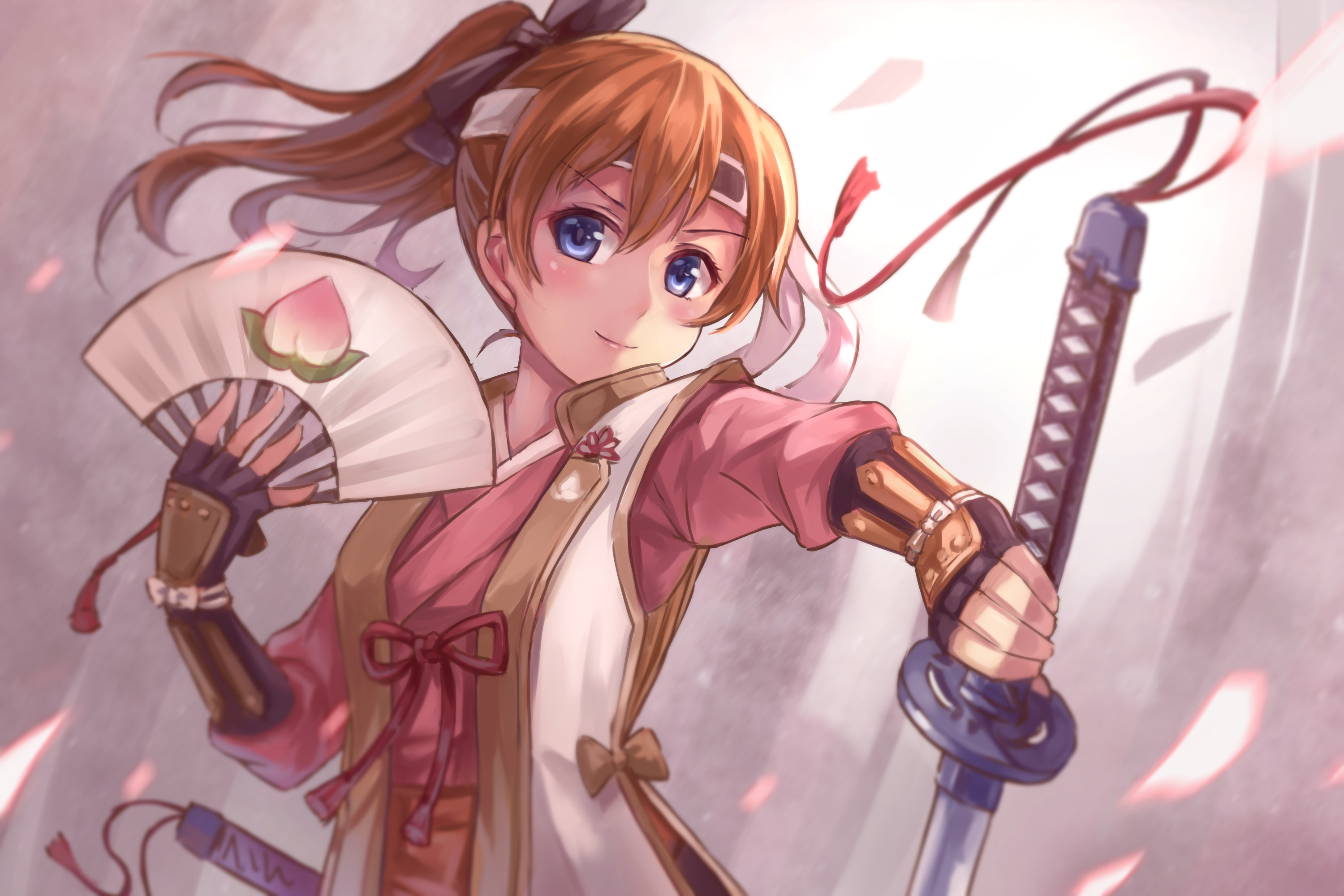 Honoka Kousaka with a fan and katana HD Wallpaper